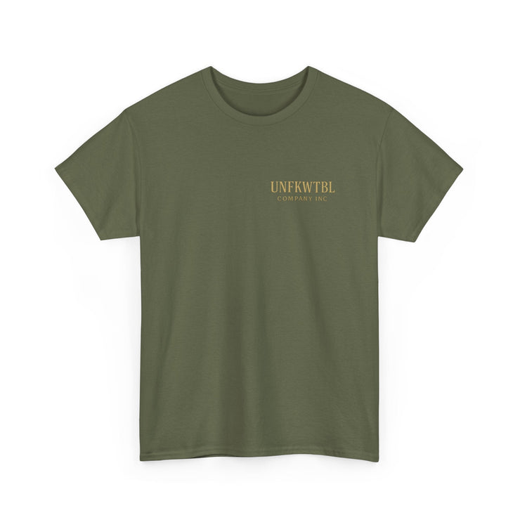 Olive green unisex heavy cotton t-shirt with small gold UNFKWTBL Company Inc logo, inspired by Michael Myers Calm Before the Kill Halloween design