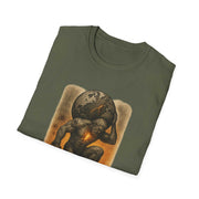 Unisex olive green t-shirt with powerful Atlas earth graphic design, classic fit and crew neckline