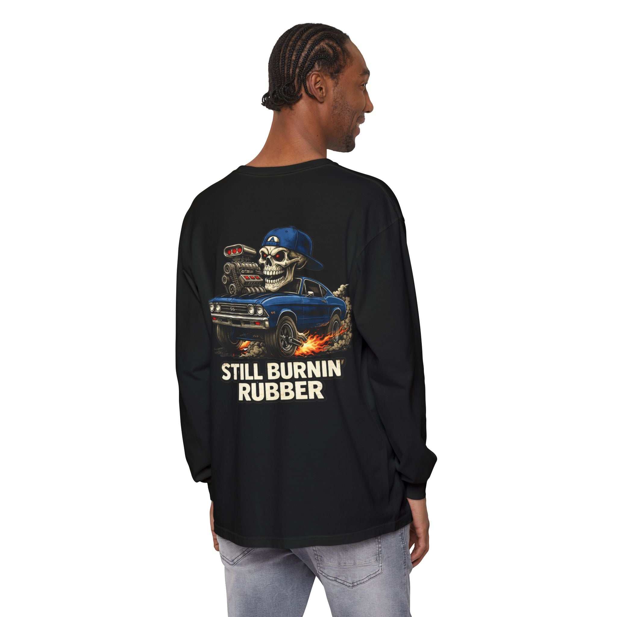 Still Burnin' Rubber Long Sleeve Tee — Retro Skull Muscle Car Graphic
