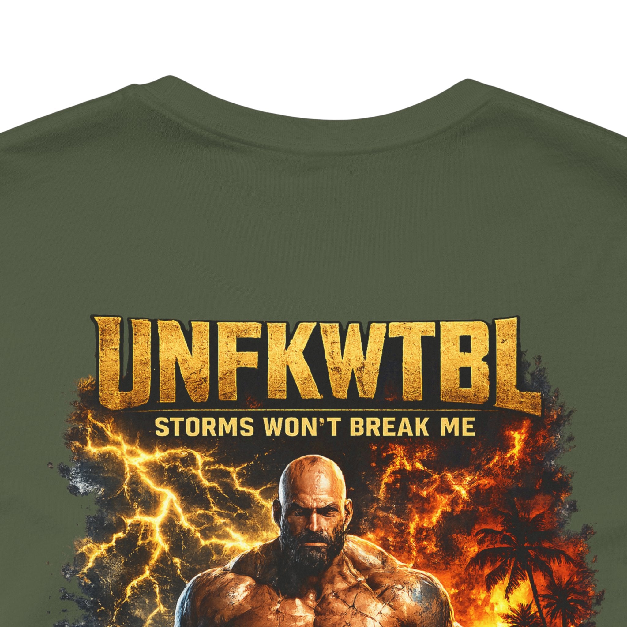 Unfkwtbl Storms Won’t Break Me Graphic Tee — Muscular Warrior Lightning & Ocean Back Print