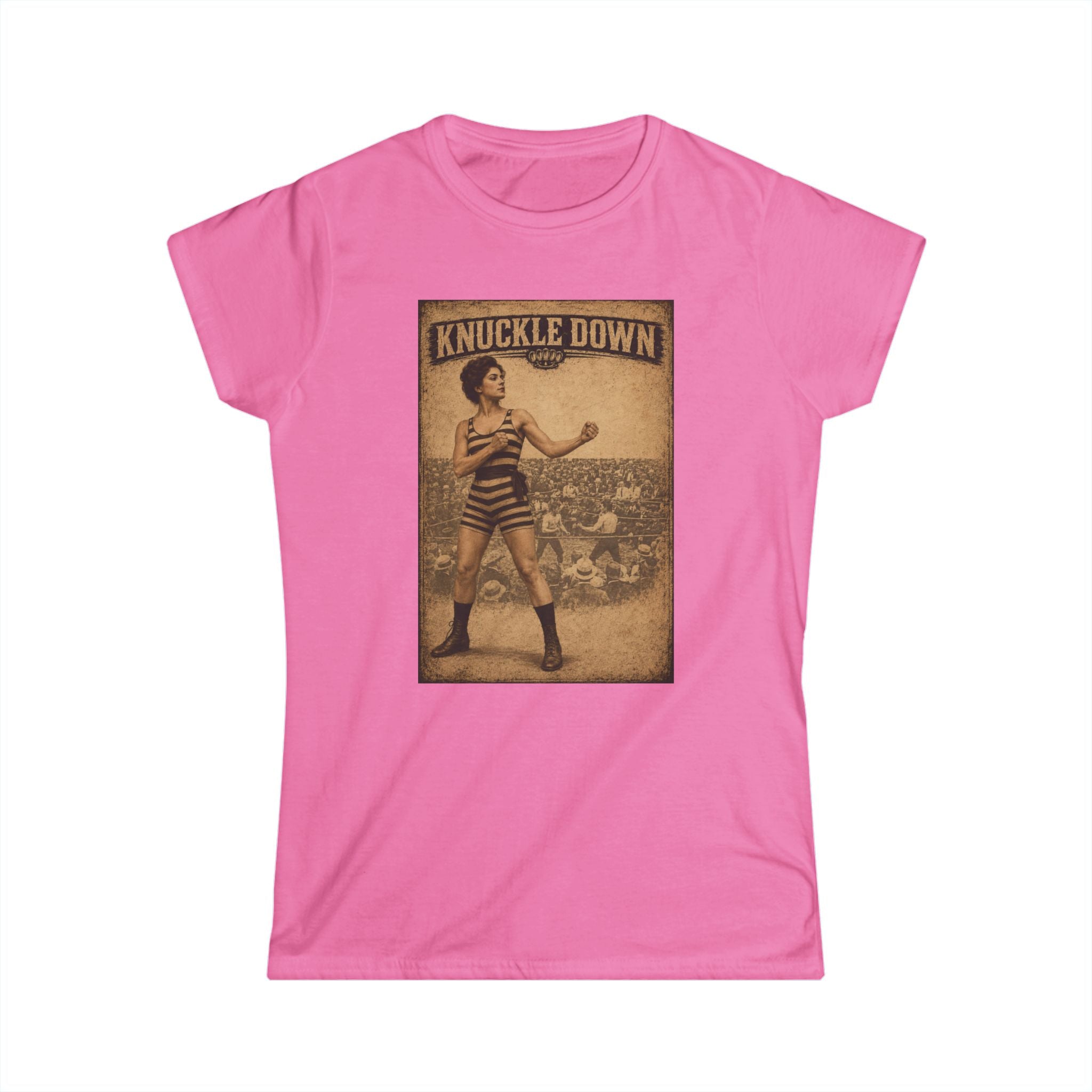 Knuckle Down Vintage Strongwoman Tee – Retro Circus Boxing Graphic Shirt for Women