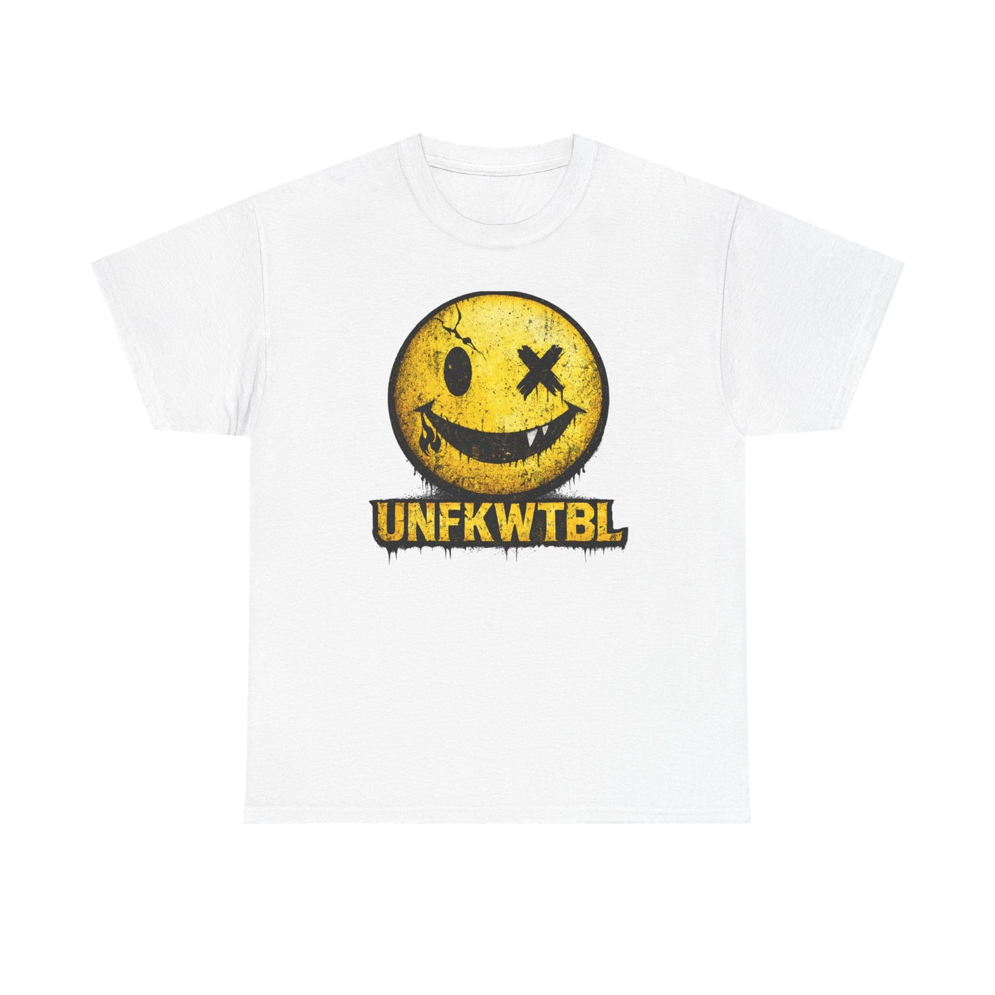 Graphic Tee — Distressed Yellow Smiley Face "UNFKWTBL" Streetwear T-Shirt