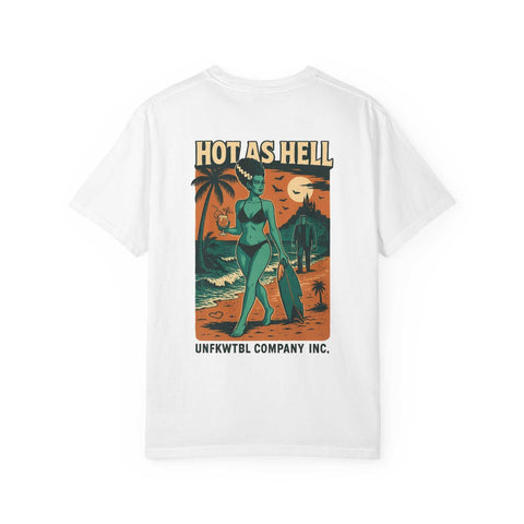 Bride of Frankenstein graphic T-shirt with beach monster hottie design on white fabric