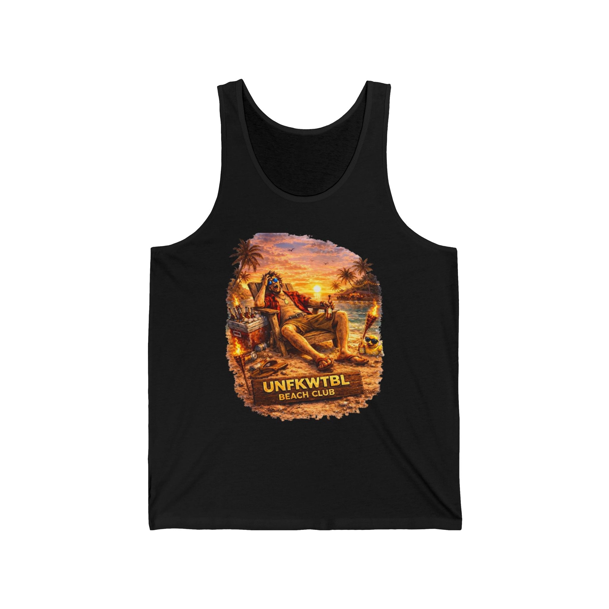 Beach Club Sunset Tank Top — 'UNFKWTBL' Retro Tropical Graphic
