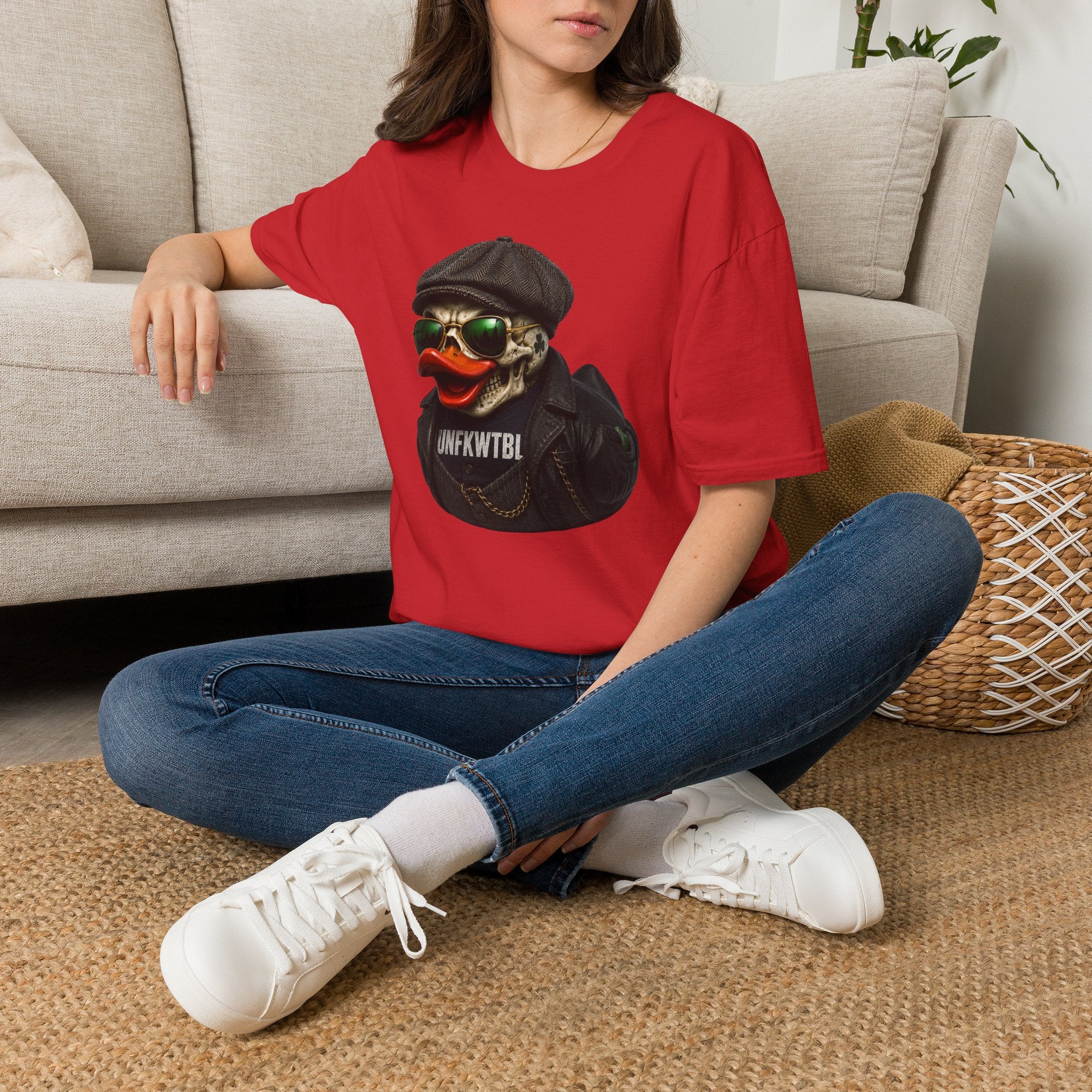 Skull Duck Graphic T-Shirt — Retro Biker Hat & Aviator Sunglasses Design