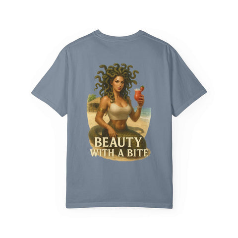 Medusa Beauty Unisex T-shirt in blue with graphic of Medusa holding a strawberry daiquiri and text "Beauty with a bite"
