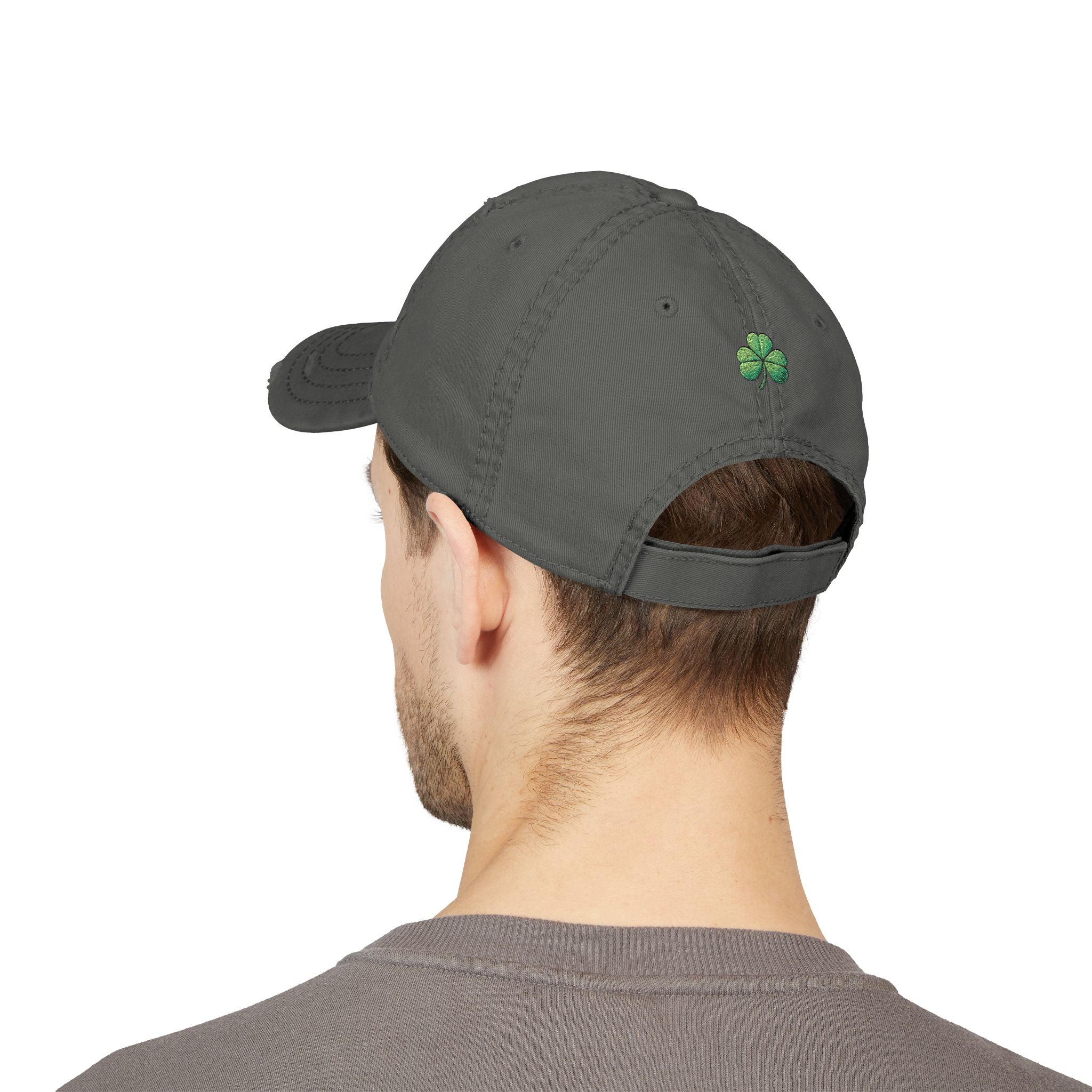 Distressed Embroidered Dad Hat — Green Skull & Shamrock "UNFRWTBL"