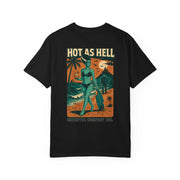 Black Bride of Frankenstein graphic T-shirt with beach monster hottie design and "Hot as Hell" text