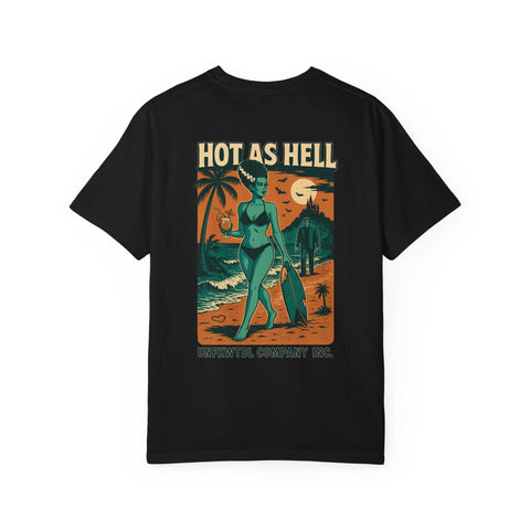Black Bride of Frankenstein graphic T-shirt with beach monster hottie design and "Hot as Hell" text