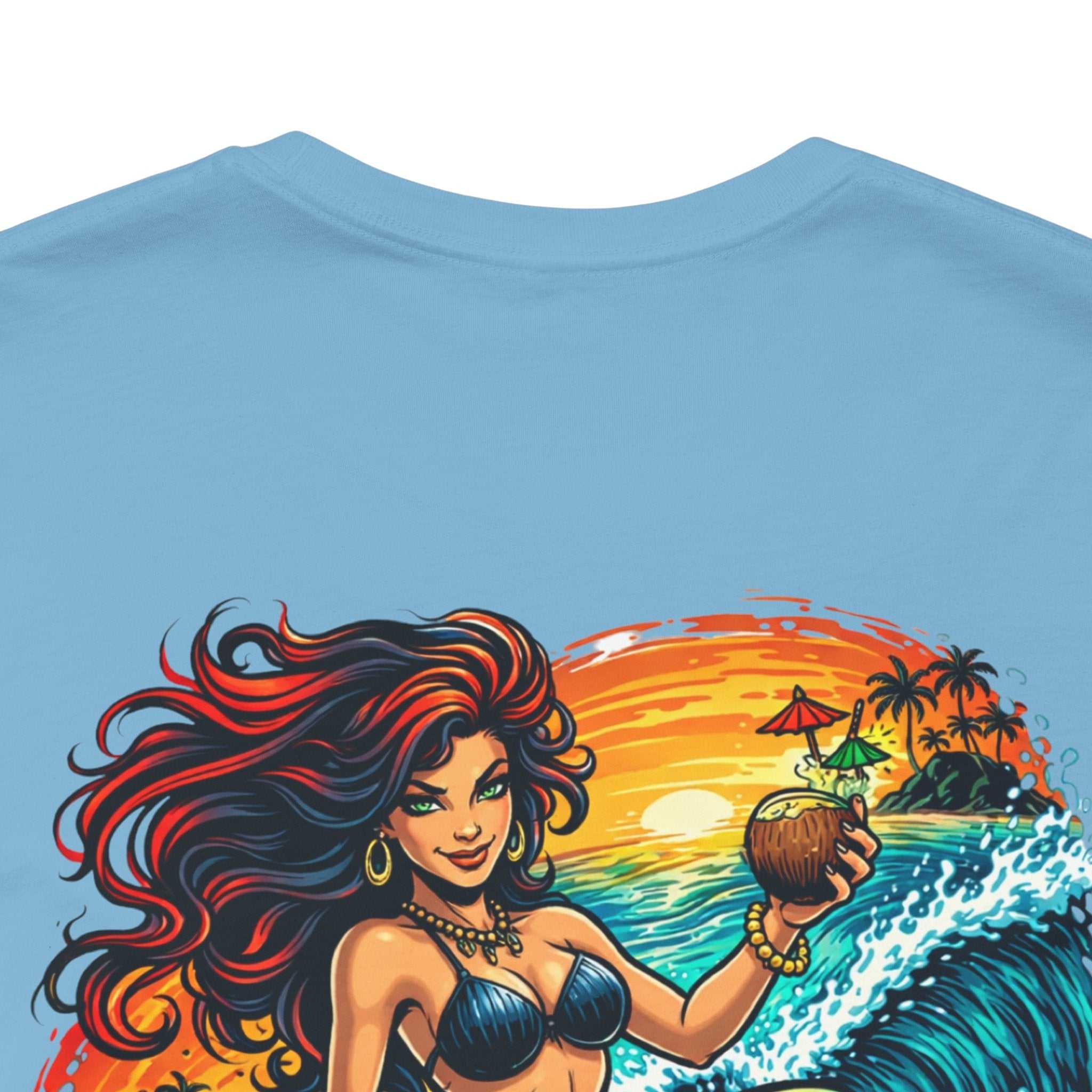 Mermaid Surfer T-Shirt with vibrant retro beach and surf graphic design on breathable cotton fabric