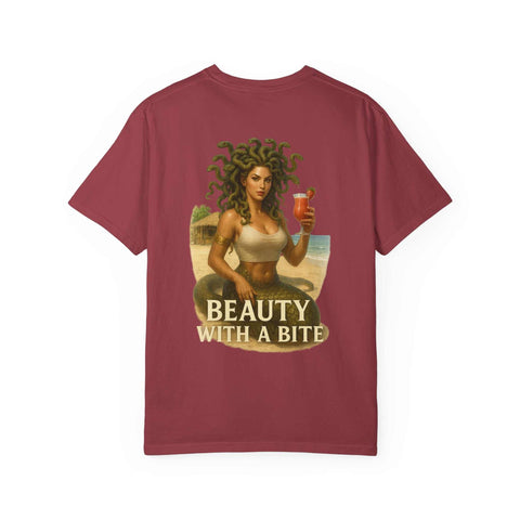 Medusa Beauty Unisex T-shirt in maroon with a graphic of Medusa holding a strawberry daiquiri and the text "Beauty with a bite" on the back