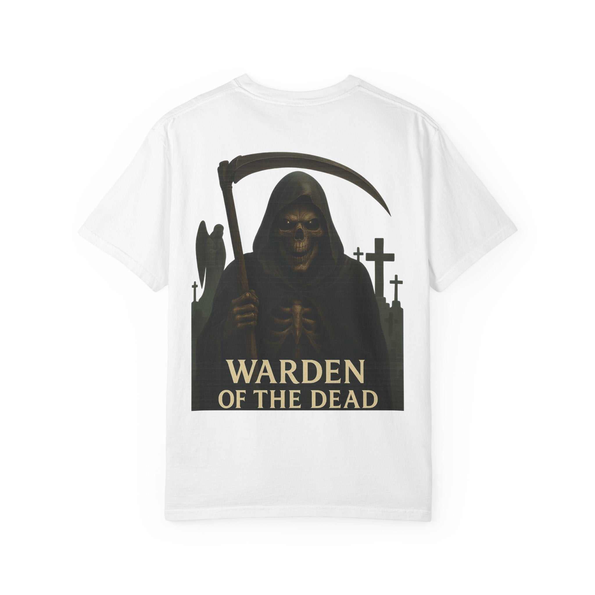 White unisex t-shirt with Warden of the Dead grim reaper graphic and cemetery design on the back