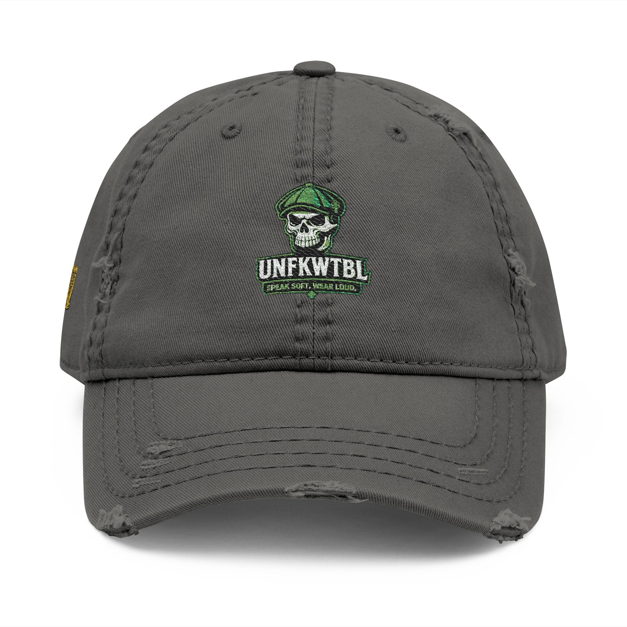 Distressed Embroidered Dad Hat — Green Skull & Shamrock "UNFRWTBL"