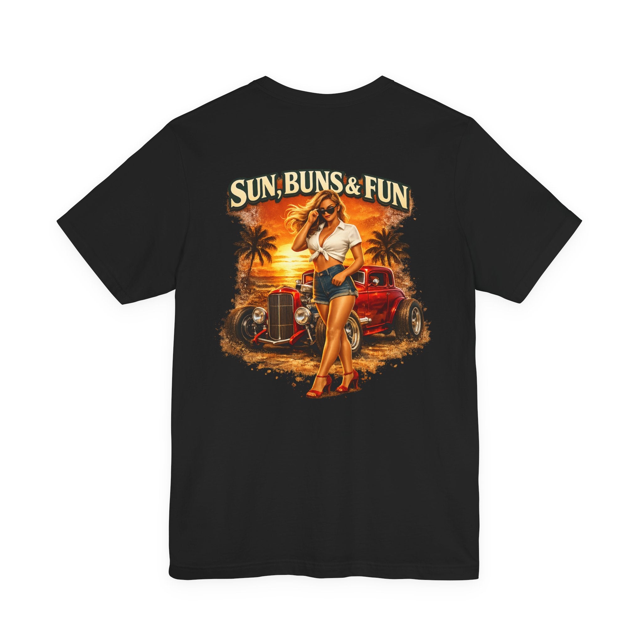 Sun, Buns & Fun Retro Pinup Tee – Vintage Hot Rod Beach T-Shirt