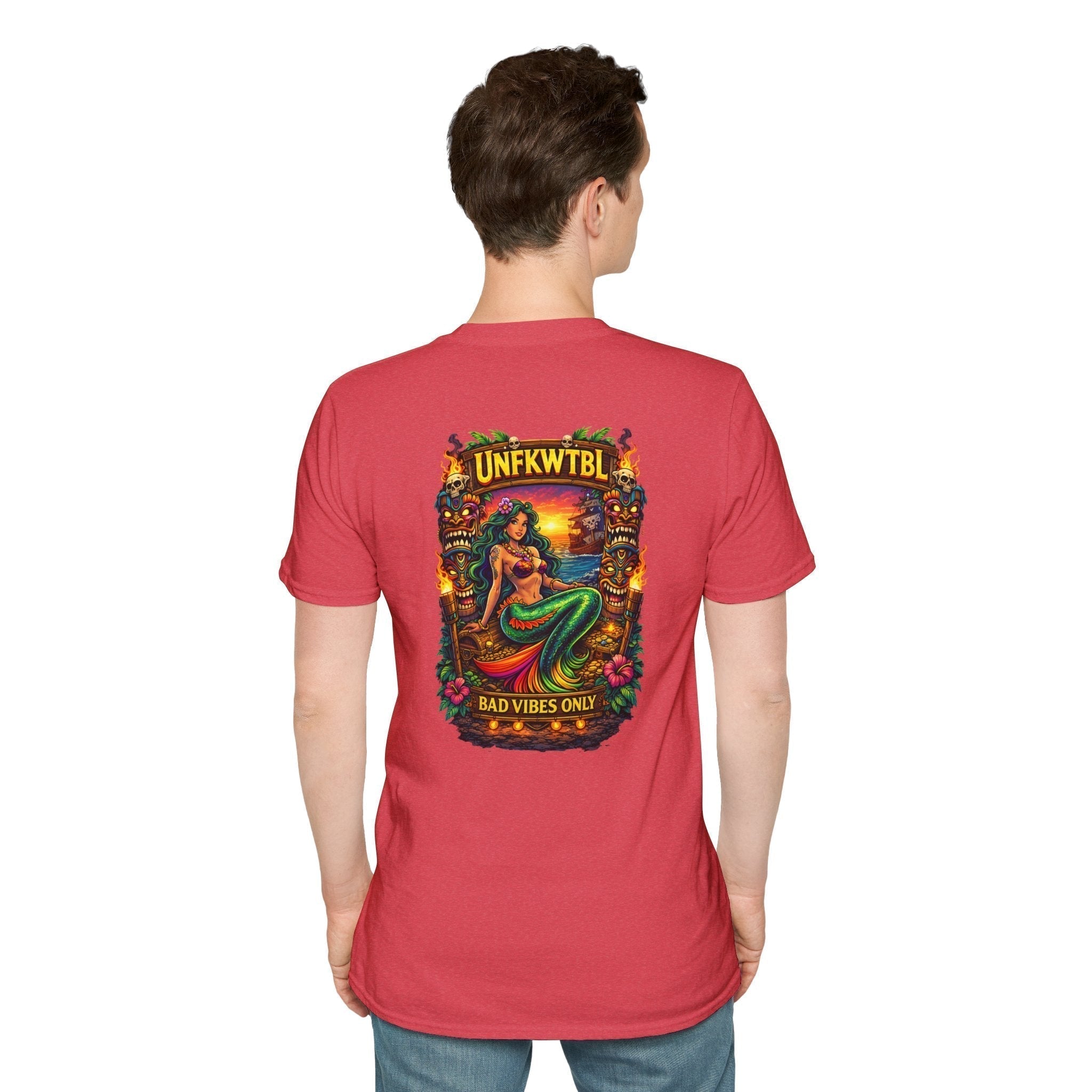 Bad Vibes Only Mermaid Sunset T-Shirt with retro island sunset and reclining mermaid design