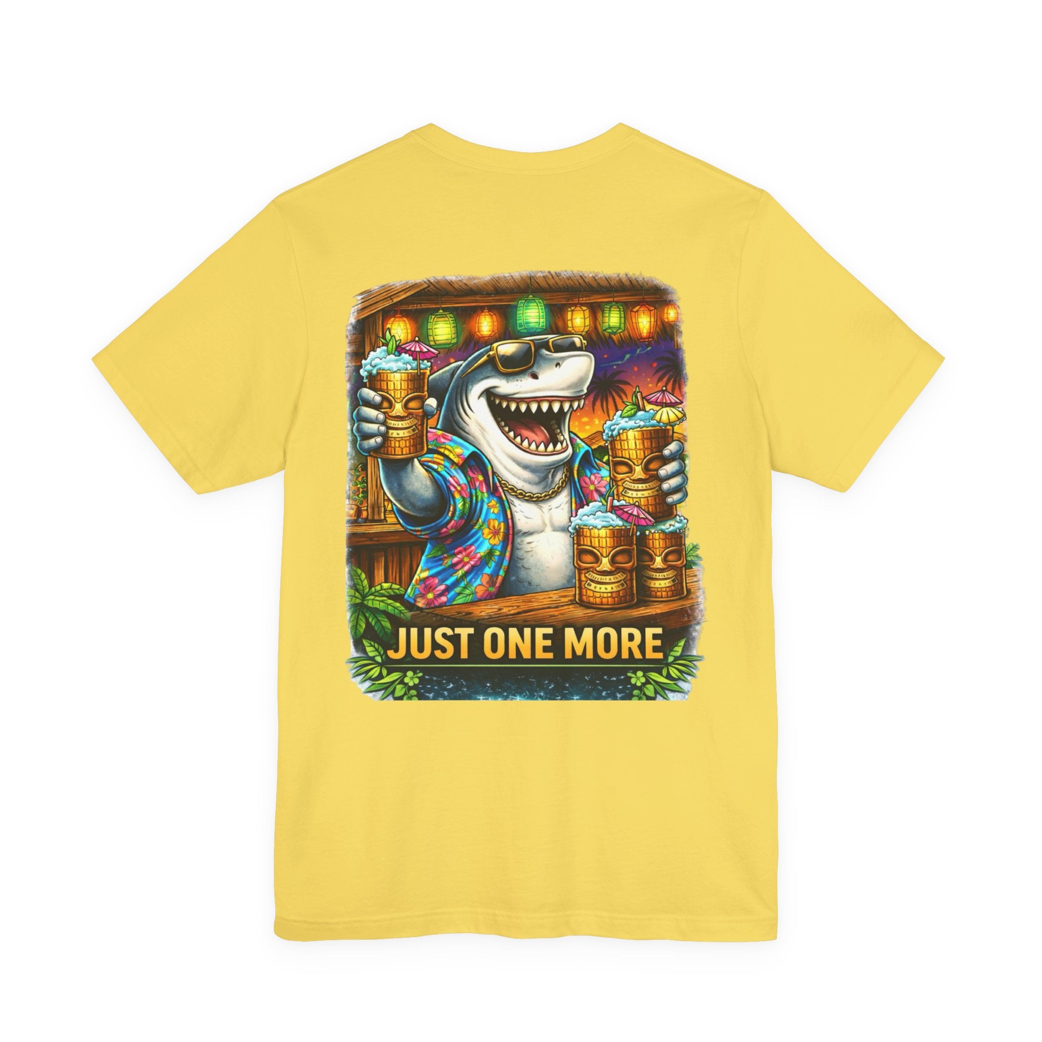 Shark Tiki Party Tee — "Just One More" Tropical Bar Graphic Shirt
