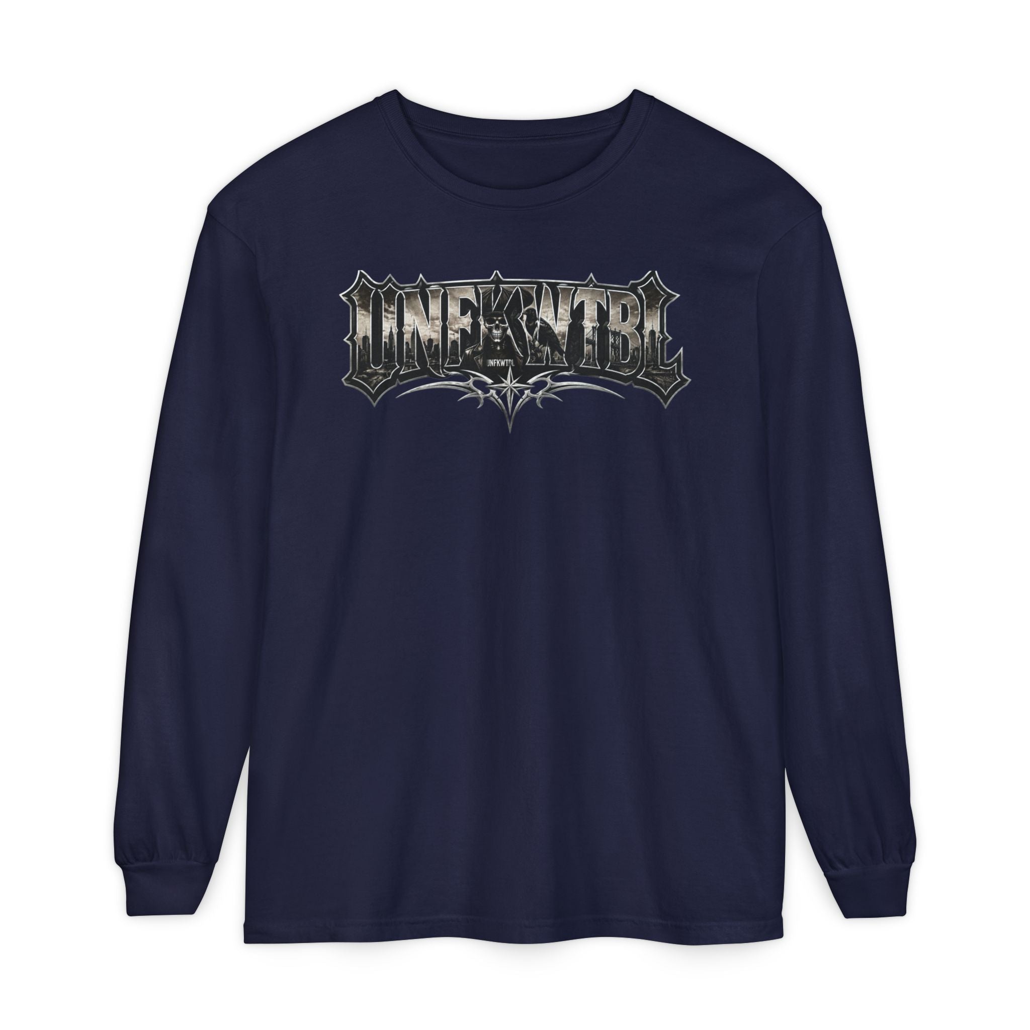 Metal Logo Long Sleeve T‑Shirt — 'UNDEFEATED' Gothic Graphic