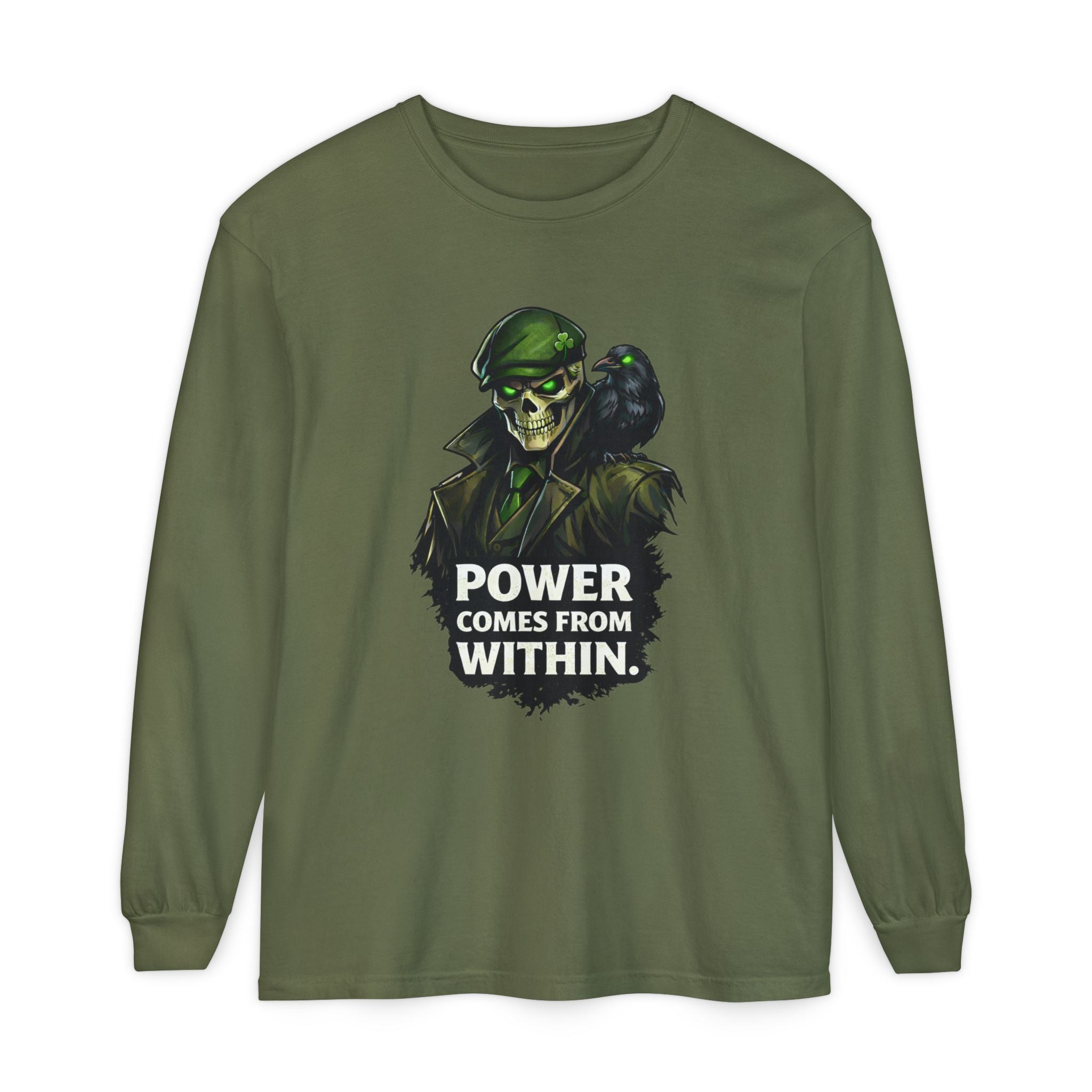 Long Sleeve T-Shirt — 'Power Comes From Within' Skull Soldier Graphic