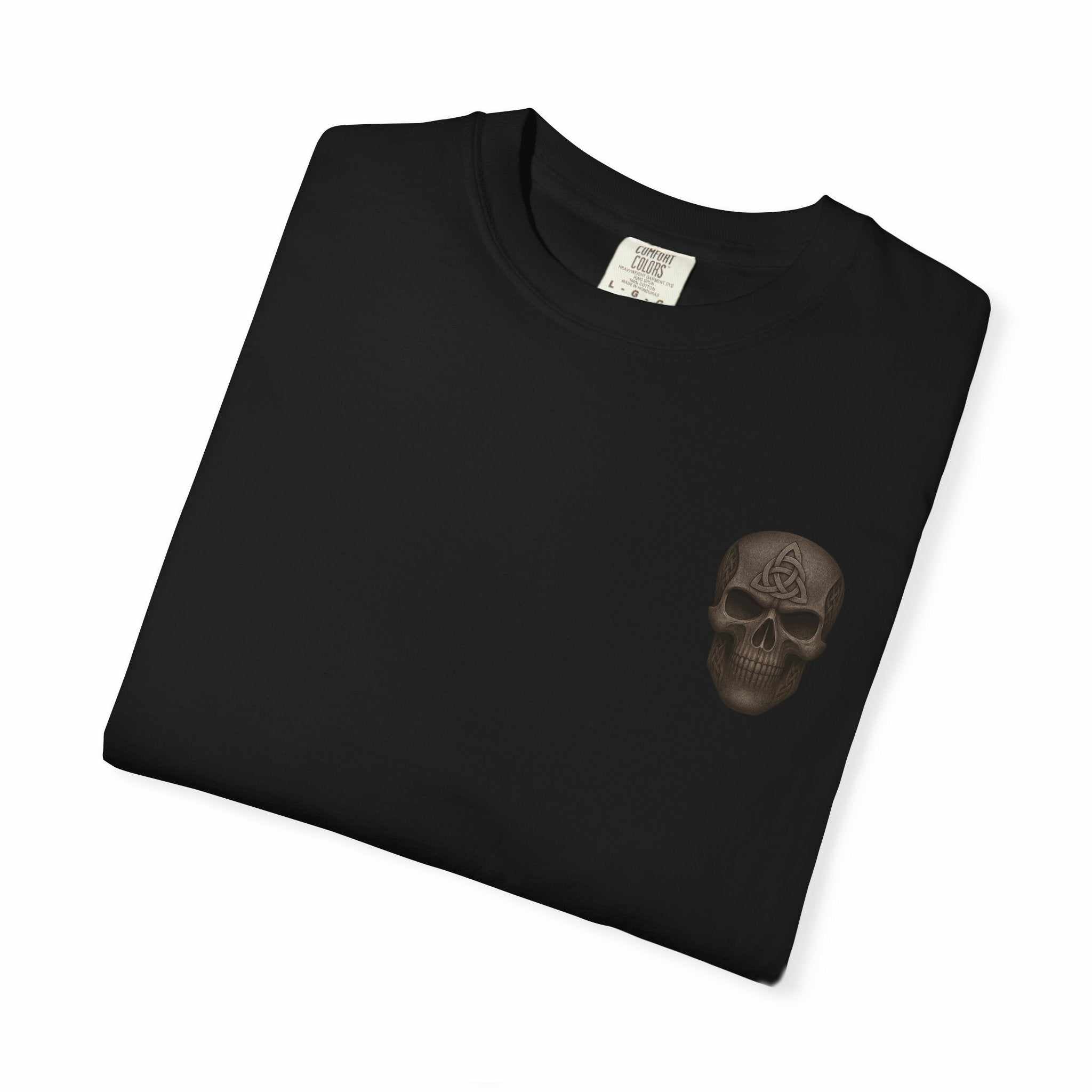 Black unisex garment-dyed t-shirt with small gladiator-themed skull design on chest.