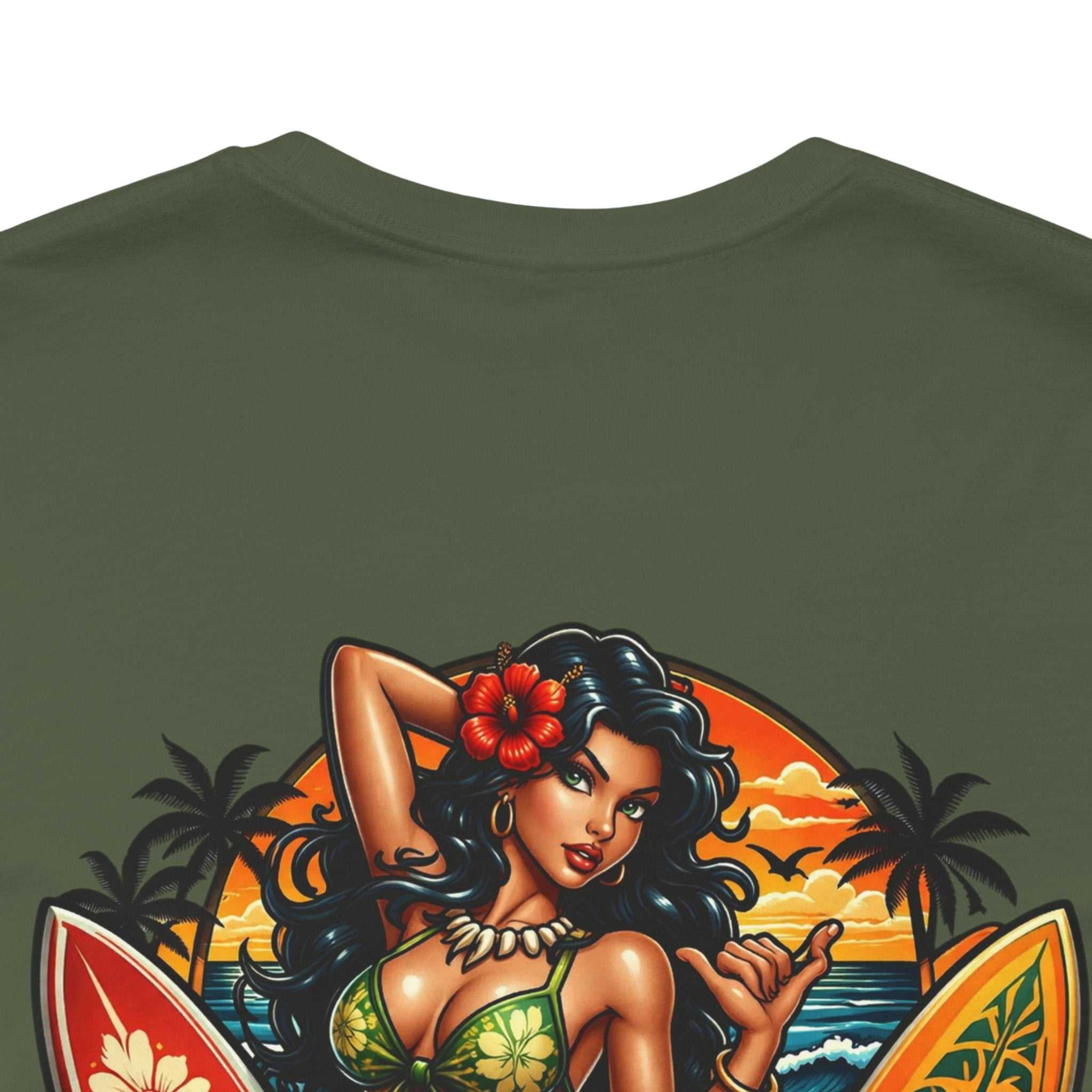 Hawaiian Surfboard T‑Shirt with vibrant surfboard and hula girl graphic on soft cotton tee