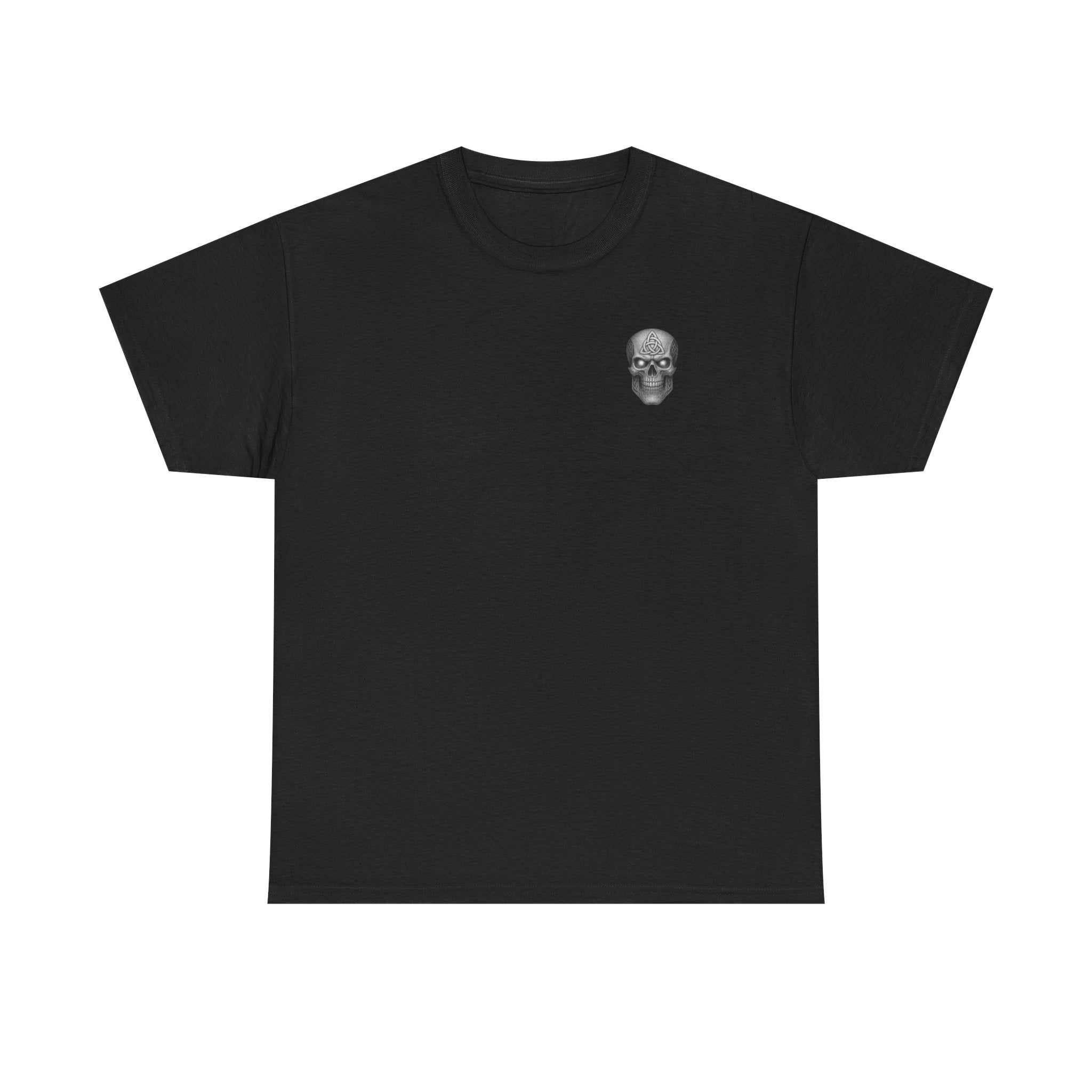Black graphic tee with small detailed skull design on chest, classic fit cotton shirt for casual wear
