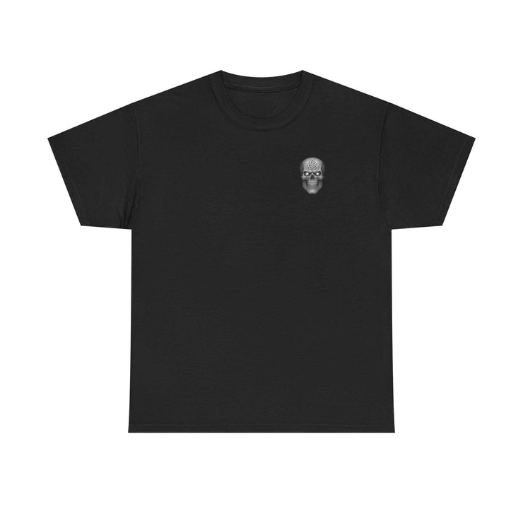 Black graphic tee with small detailed skull design on chest, classic fit cotton shirt for casual wear