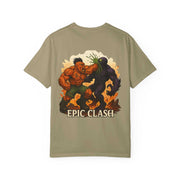 Fantasy Battle Unisex Garment-Dyed T-shirt with Epic Clash Cindermaw vs Xarvok design on beige fabric