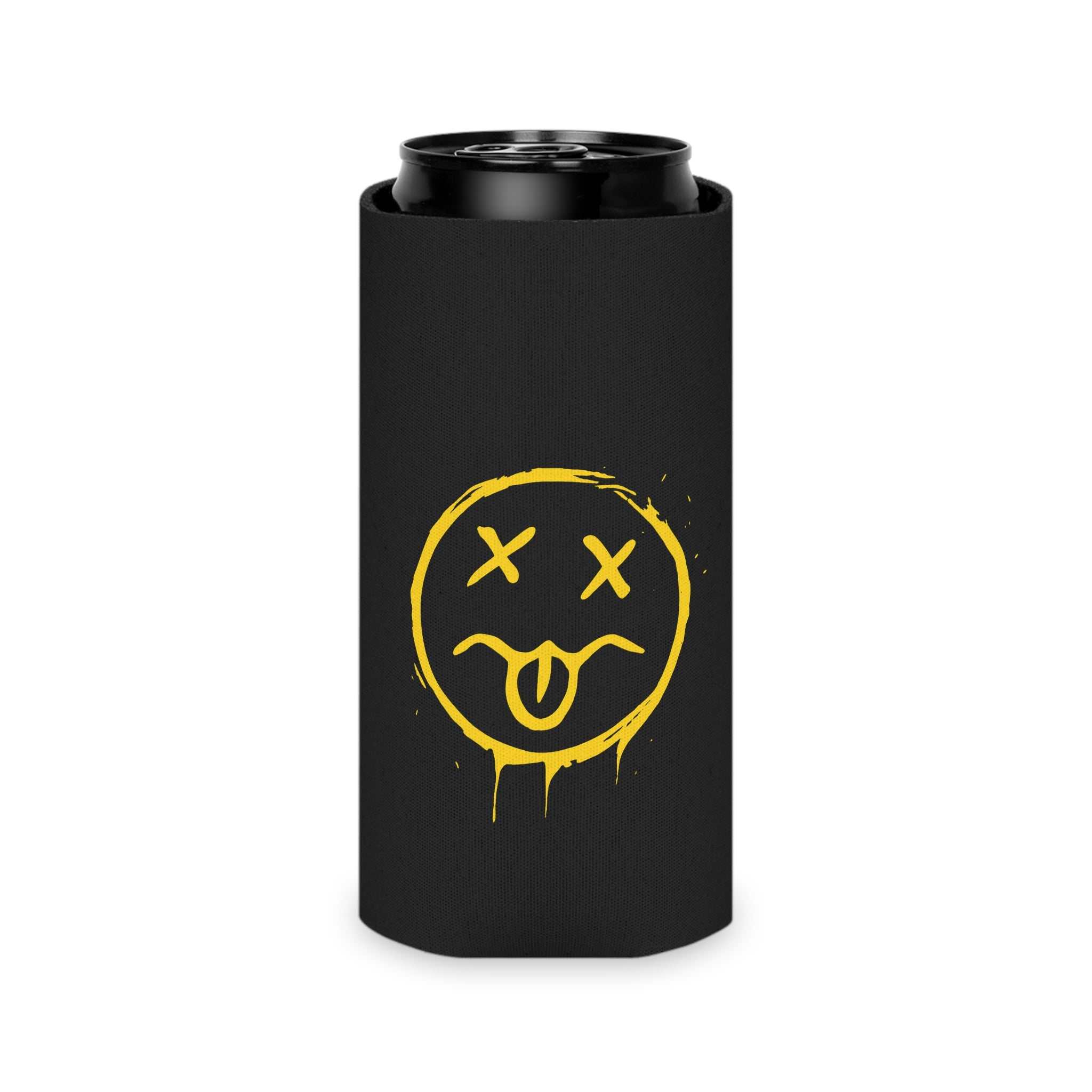 Neon Grunge Smiley Can Cooler — Yellow Drip Face Beer Koozie