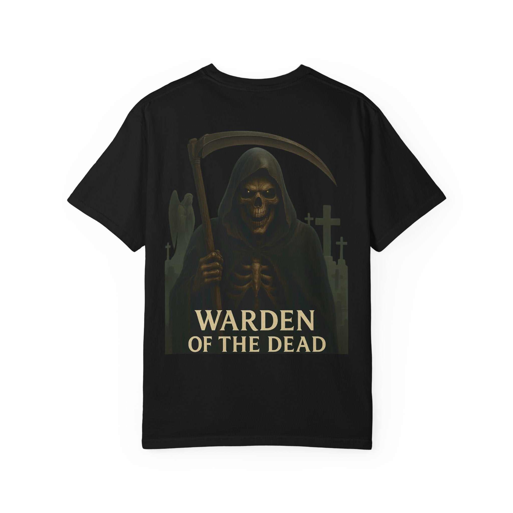 Warden of the Dead black unisex t-shirt with grim reaper graphic and tombstones, casual Halloween streetwear tee