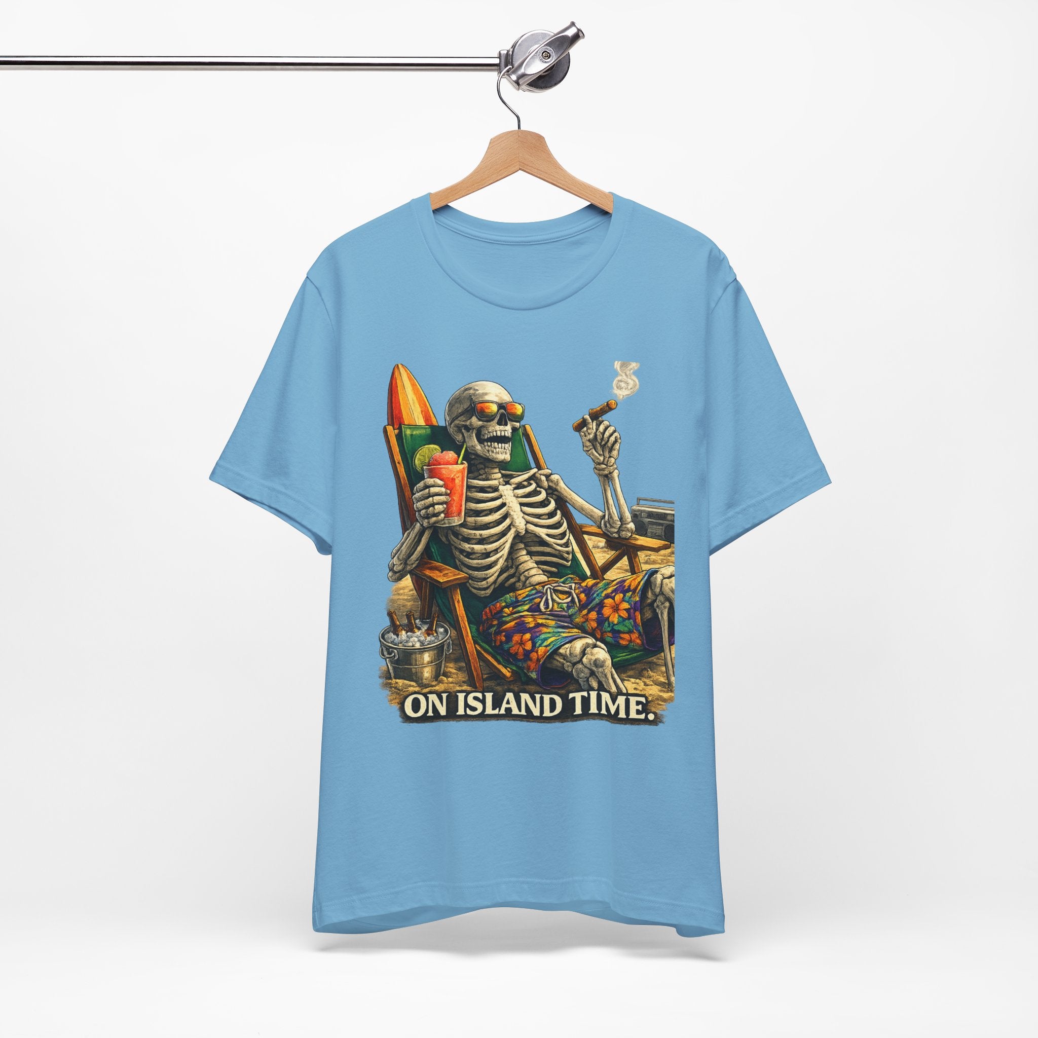 Skeleton Beach Tee — "On Island Time" Tropical Skull Vacation T-Shirt