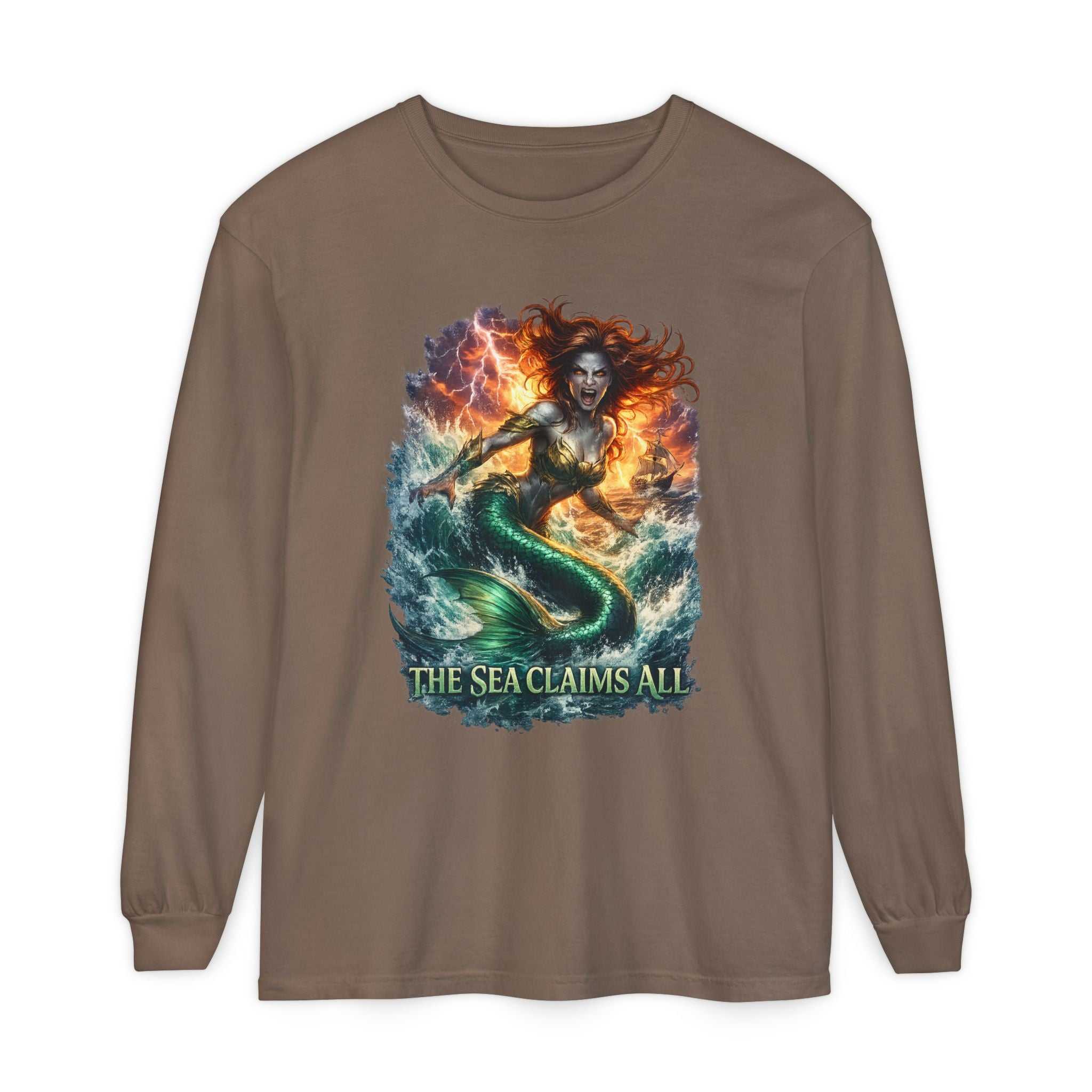 Mermaid Graphic Long Sleeve Tee — "The Sea Claims All" Nautical Fantasy Shirt