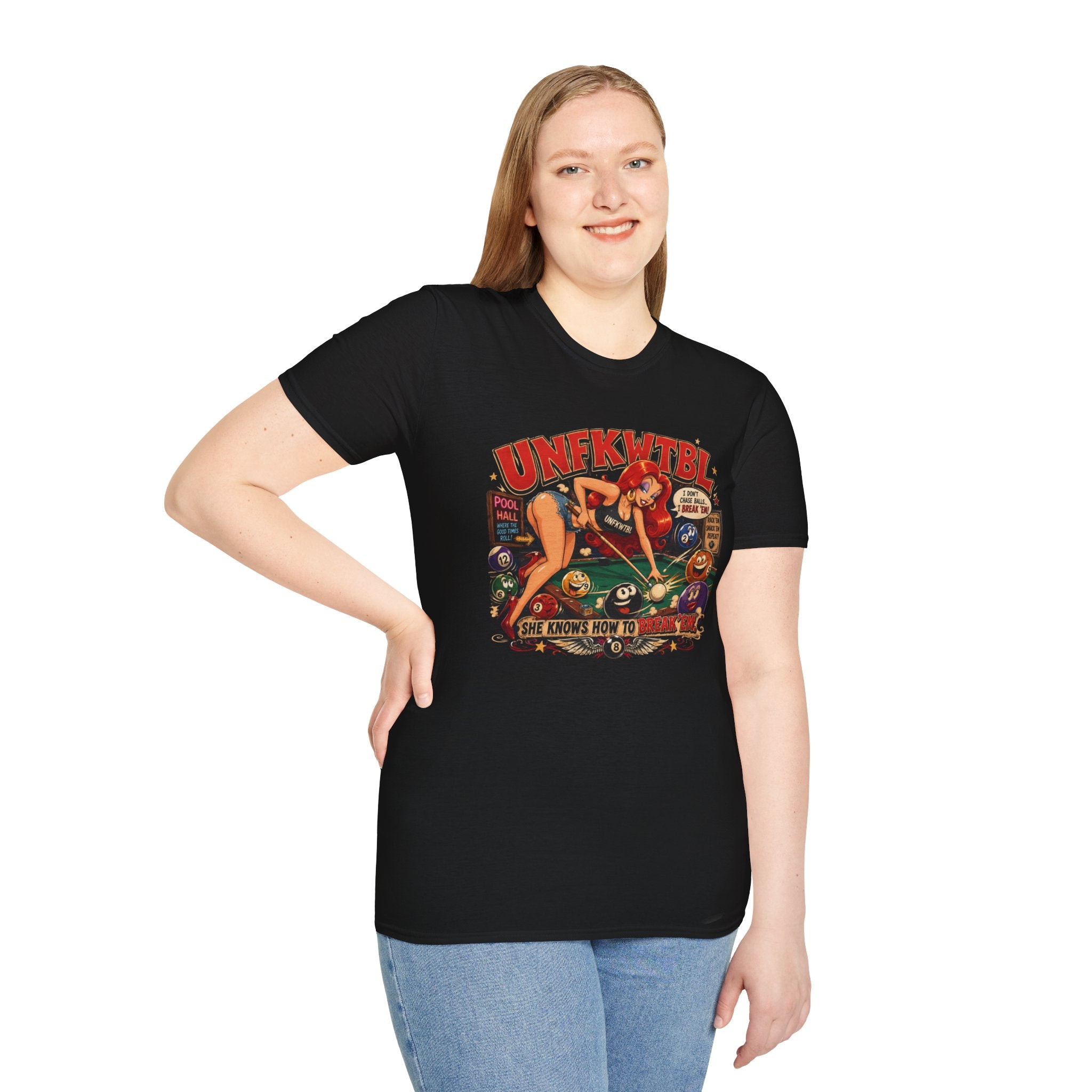 Pinup Pool Shark T-Shirt — "UNFKWTTBL" Vintage Billiards Graphic Tee