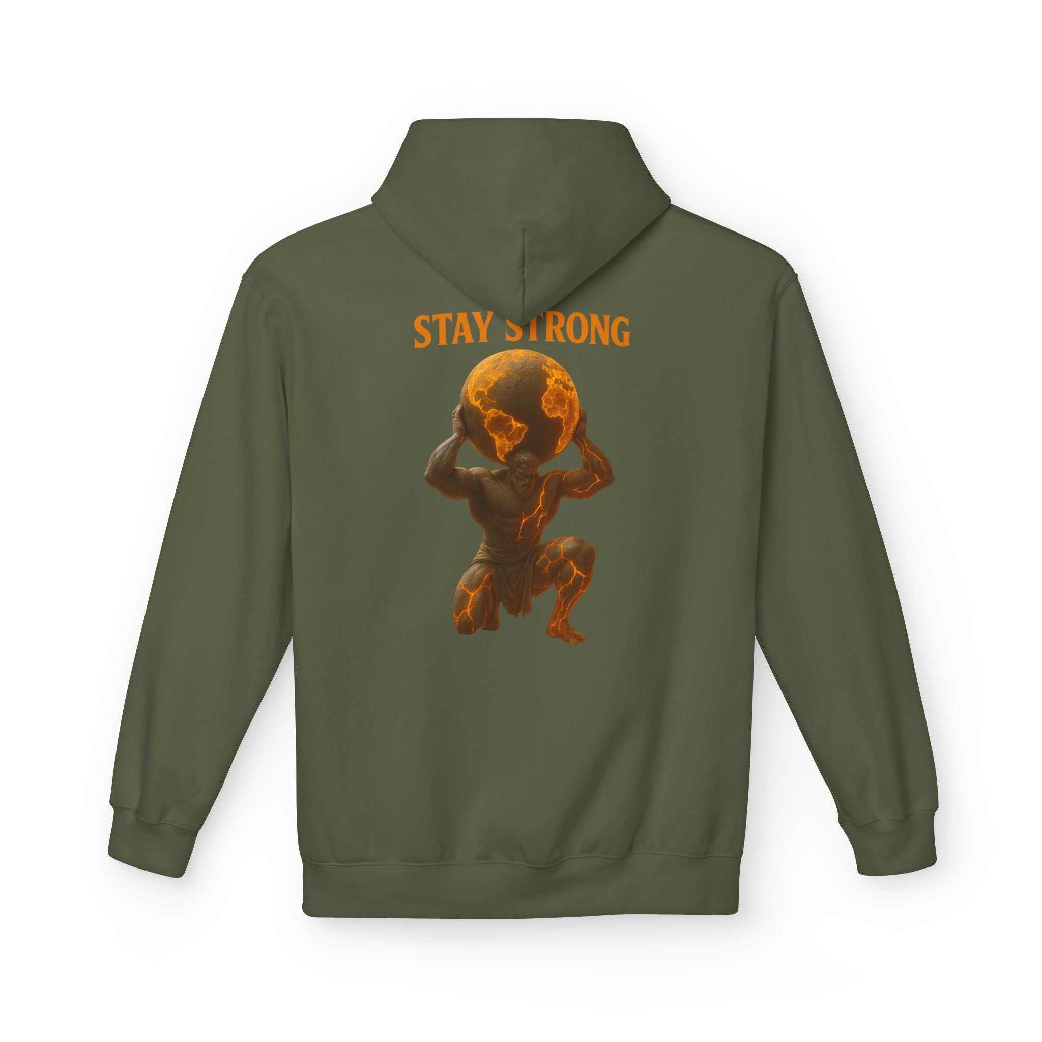 Stay Strong Atlas Hoodie with mythic strength design and cozy fit