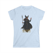 Light blue women's tee featuring Valkyrie Norse legend warrior graphic with helmet and spear.