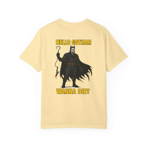 Batman Holographic Ghostface unisex T-shirt with unique Ghostface Batman design and "Hello Gotham Wanna Die?" text
