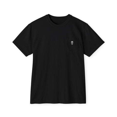 Black pocket t-shirt with small skeleton sunset gangster design on chest pocket
