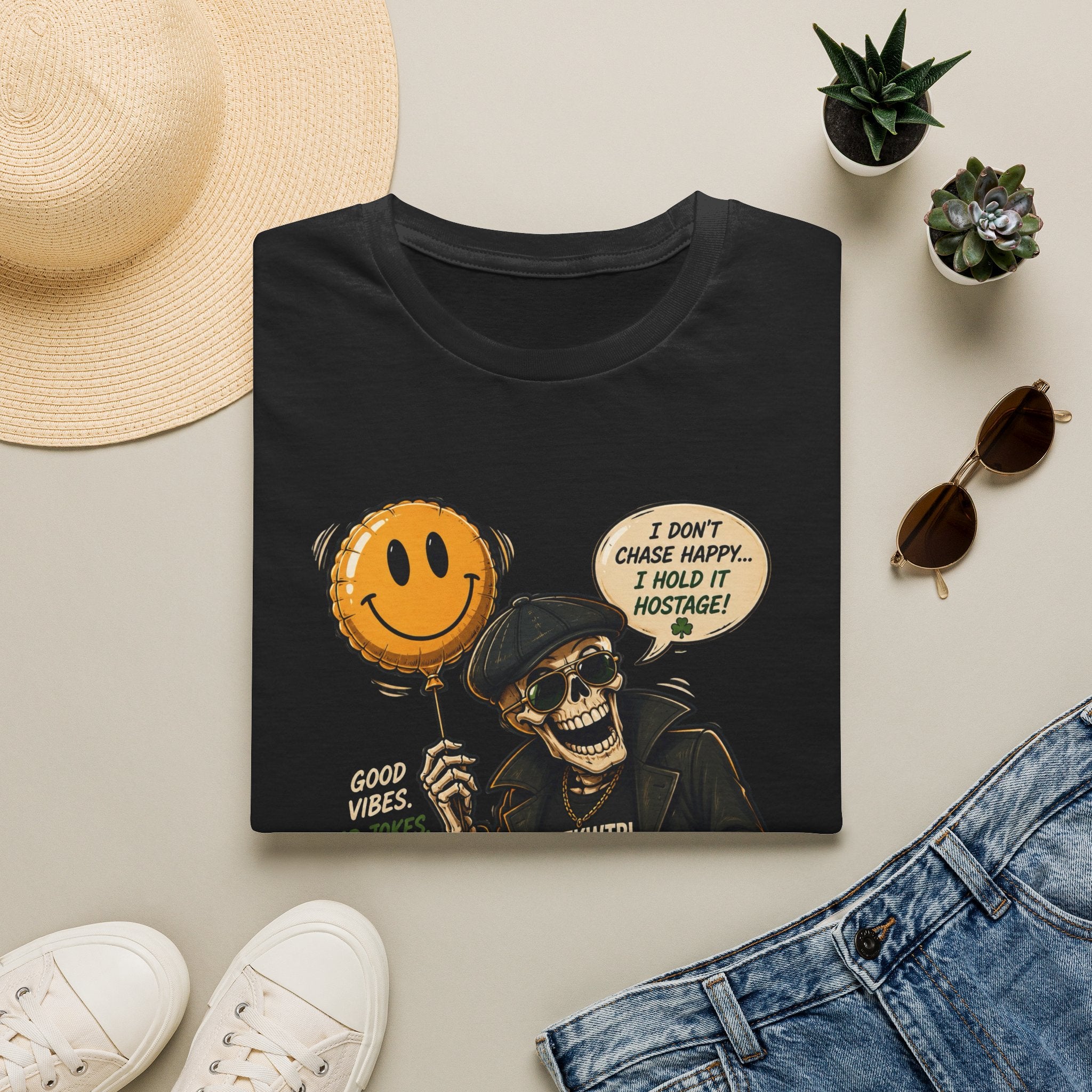 Skull with Smiley Balloon T-Shirt — “I Don’t Chase Happy… I Hold It Hostage” Graphic Tee