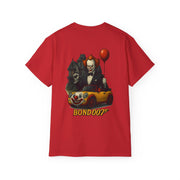 Red unisex tee featuring Pennywise clown with red balloon and clown car, Bond 007 design