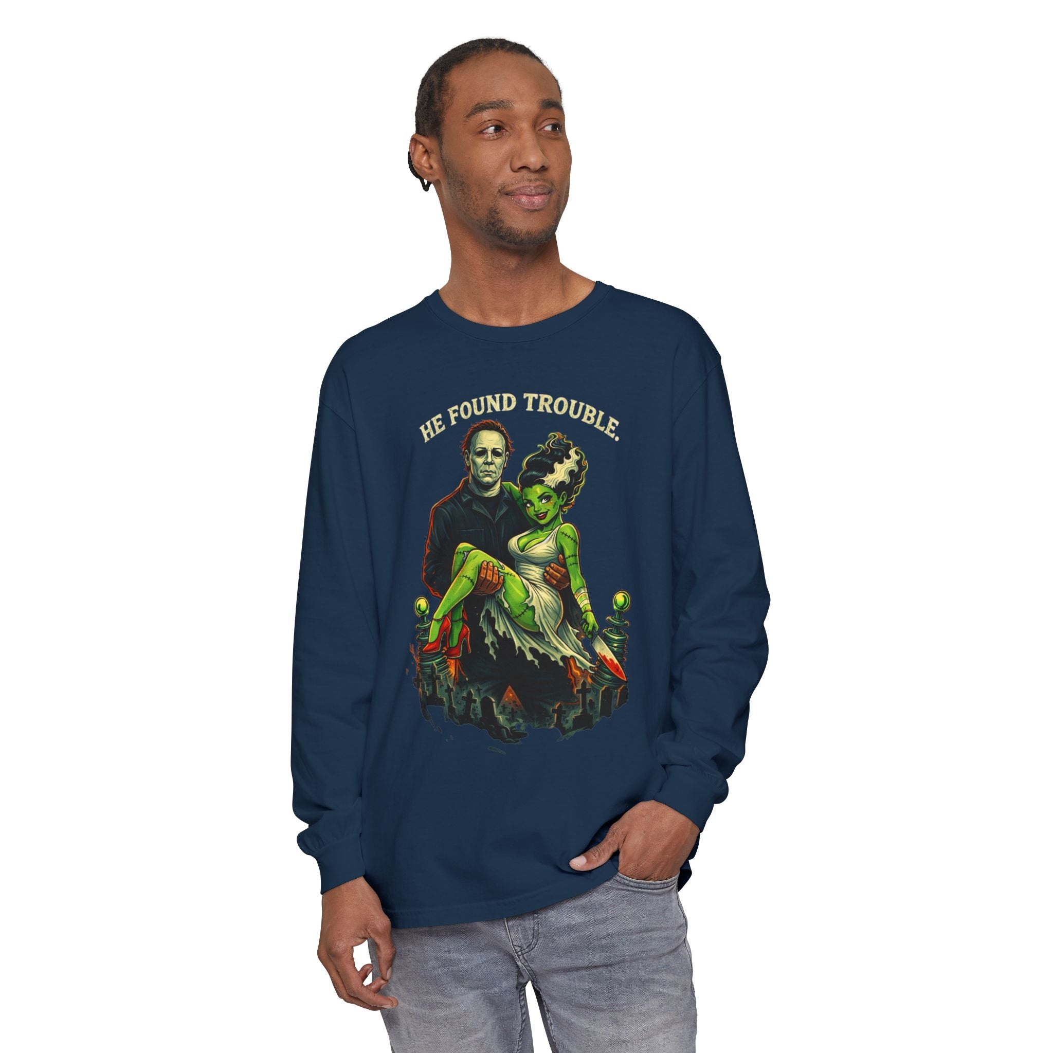 He Found Trouble Long Sleeve T‑Shirt — Retro Frankenstein & Bride Graphic