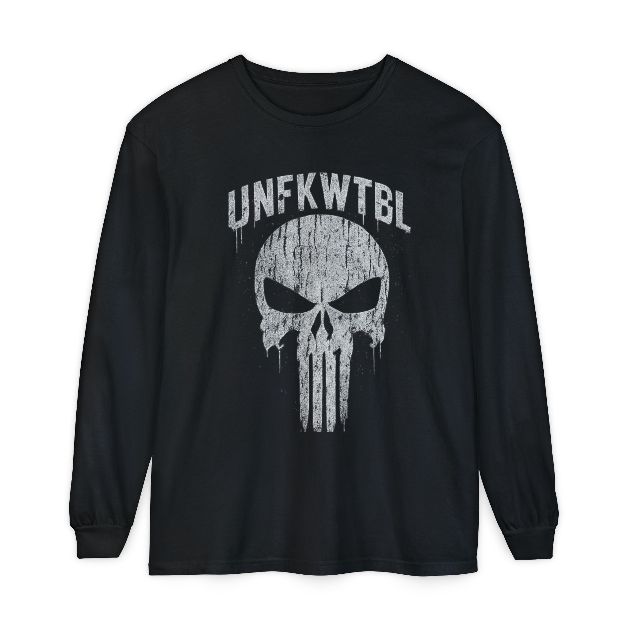 Punisher Skull Long Sleeve Tee — 'UNFKWTBL' Distressed Graphic