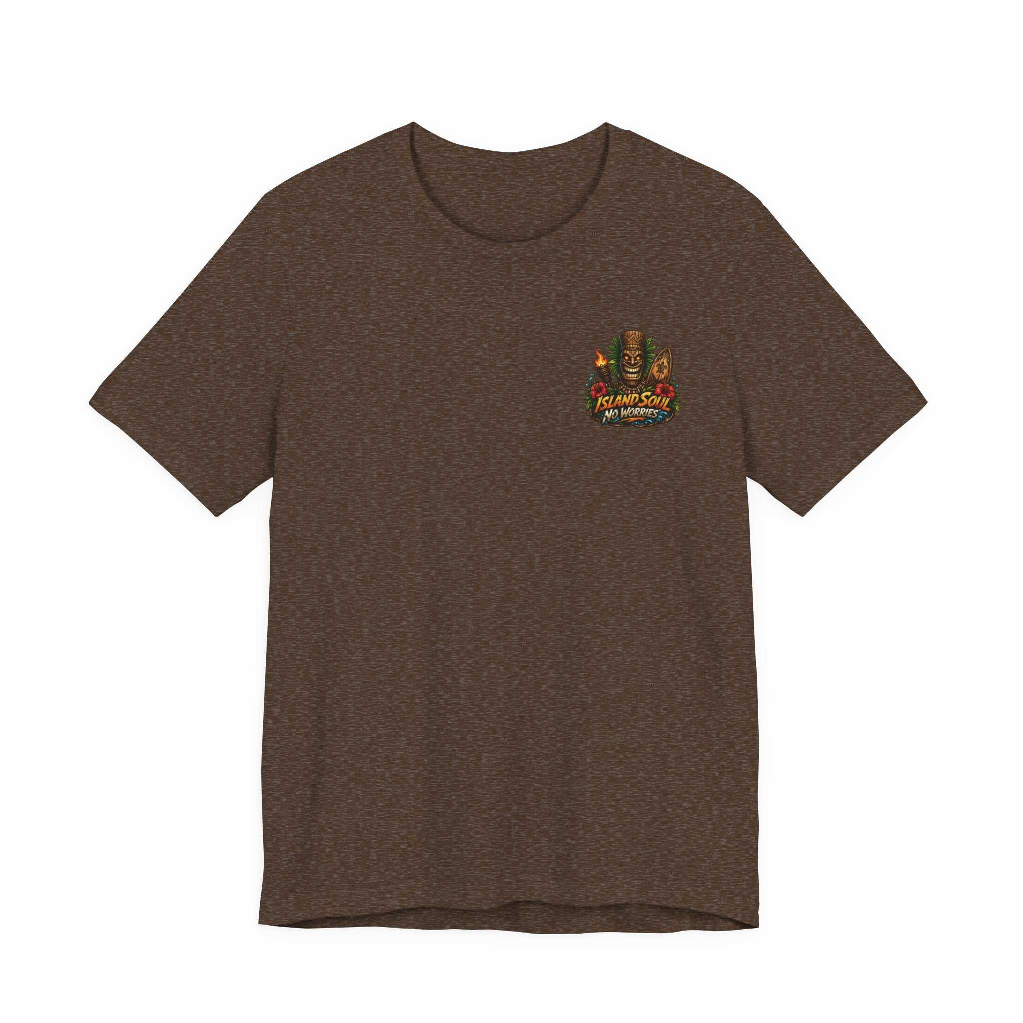 Tropical Tiki Tee featuring tiki, hibiscus flowers, and waves on soft breathable cotton shirt