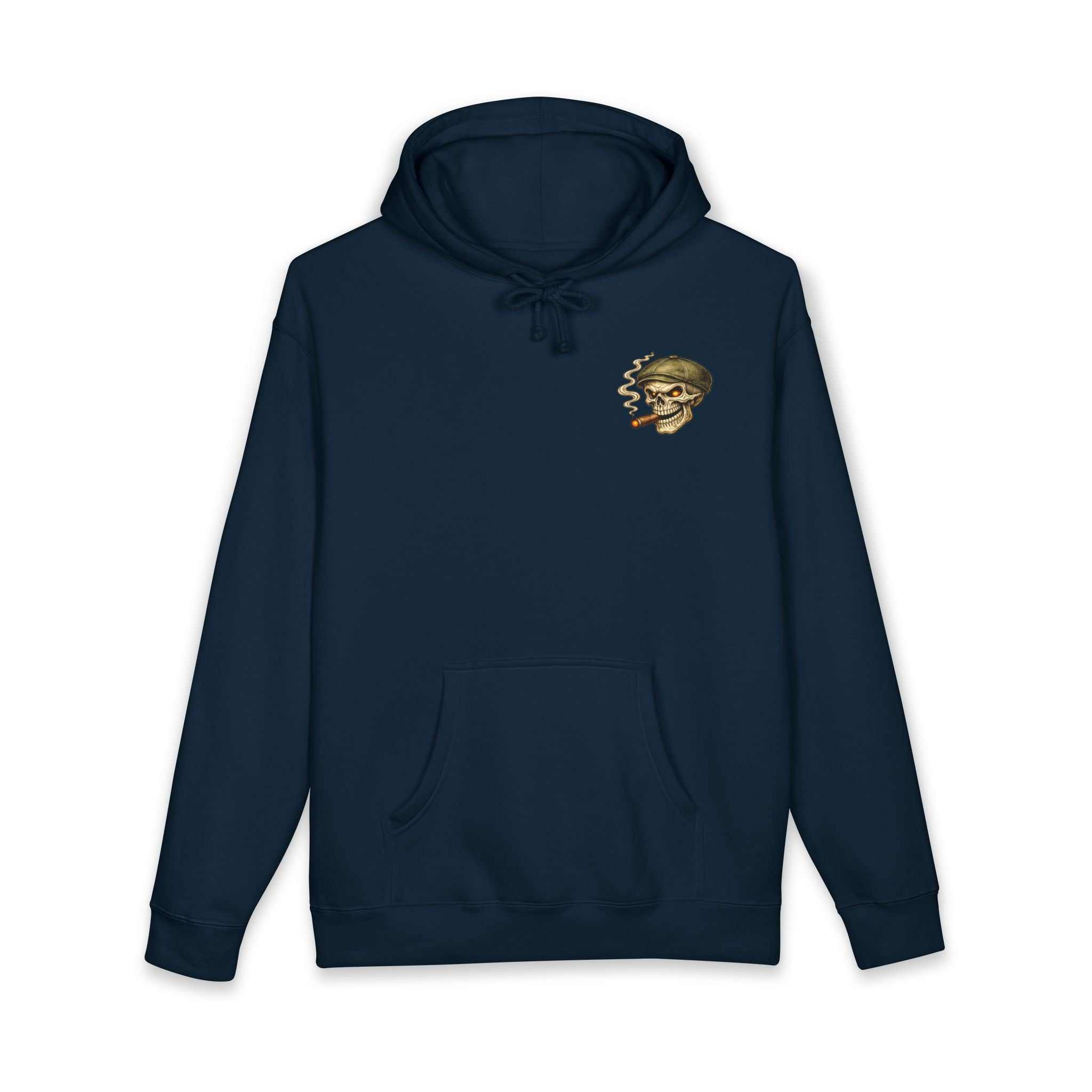 Skull Cigar Hoodie with bold skull cigar graphic and muted camo design for men’s streetwear