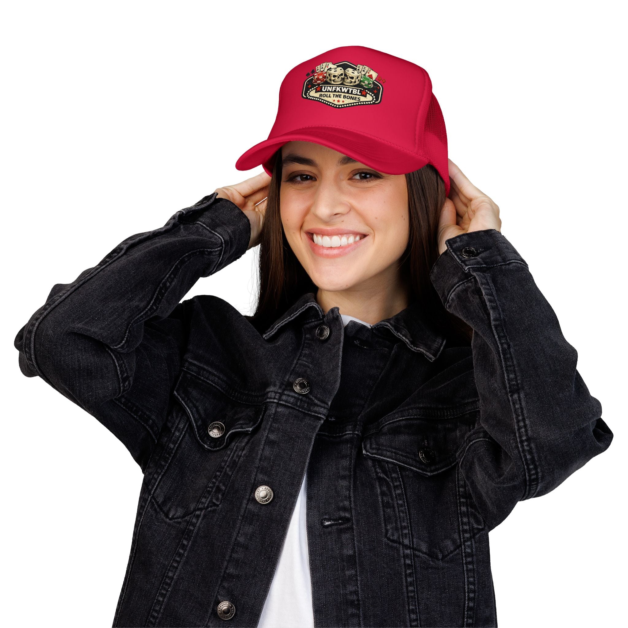 Roll the Bones Trucker Hat — Skull & Dice Poker Foam Cap