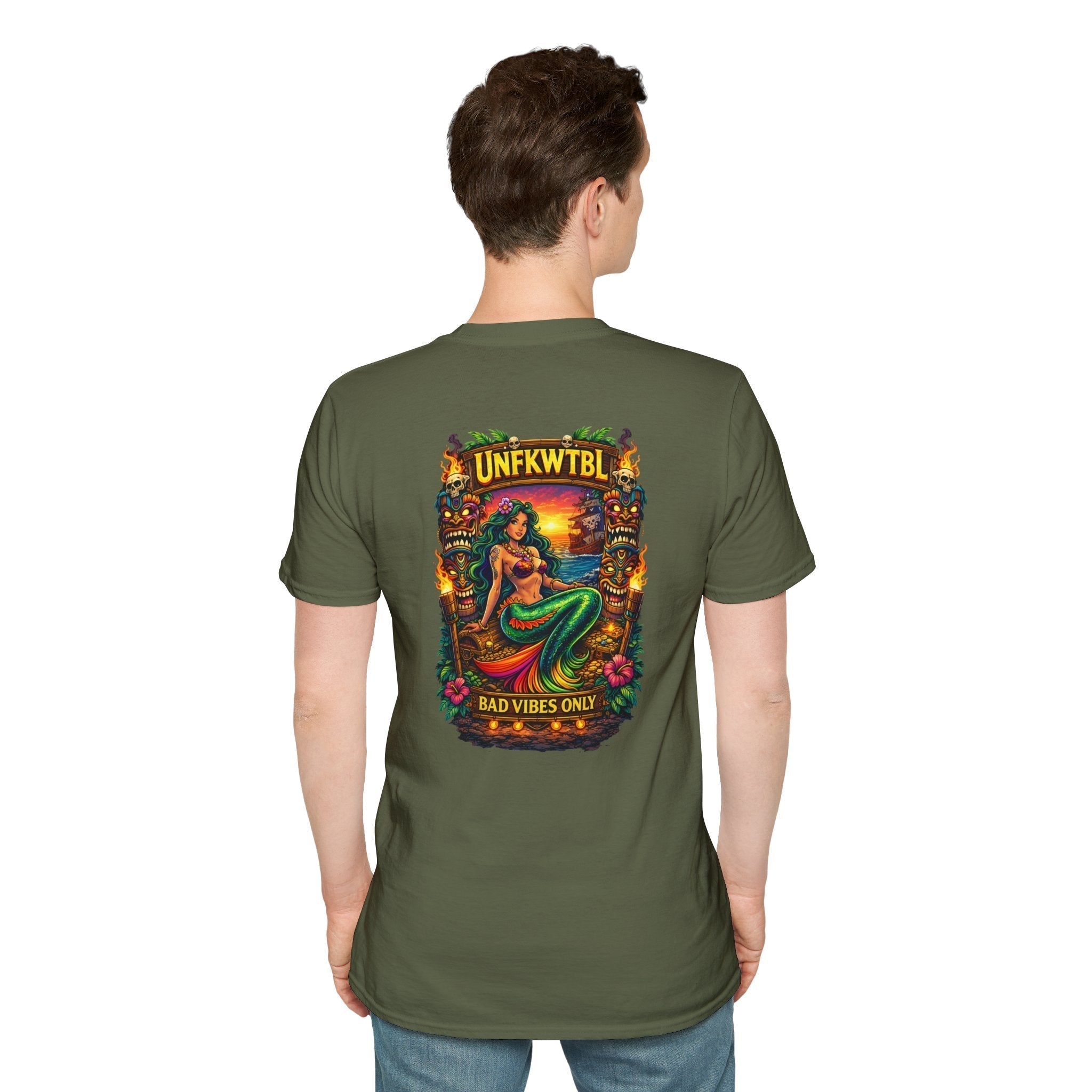 Vintage Mermaid Sunset T-Shirt with Bad Vibes Only retro island graphic and tropical summer vibes