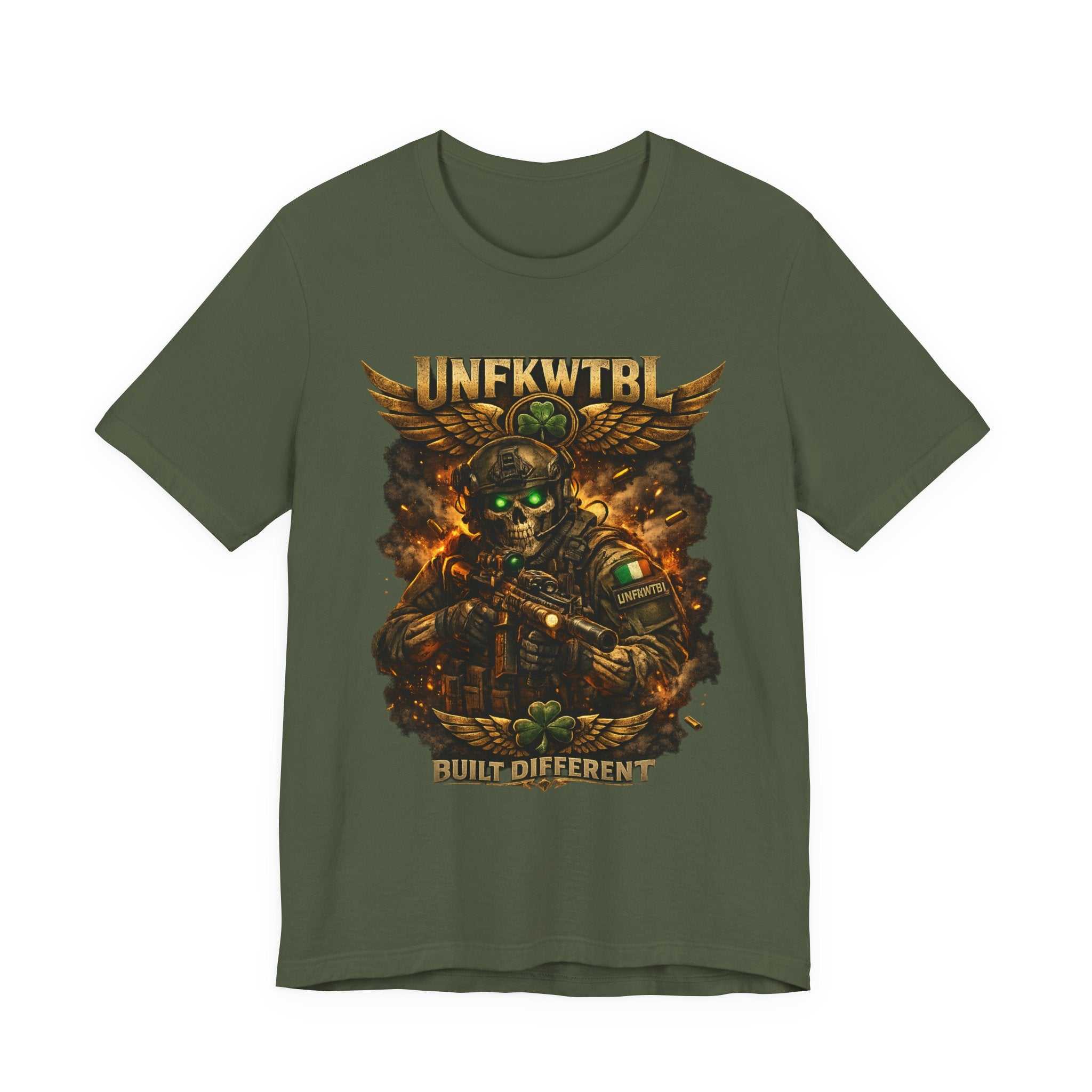 Black Built Different Military Skull Tee with tactical skull graphic and green luminescent accents on cotton fabric