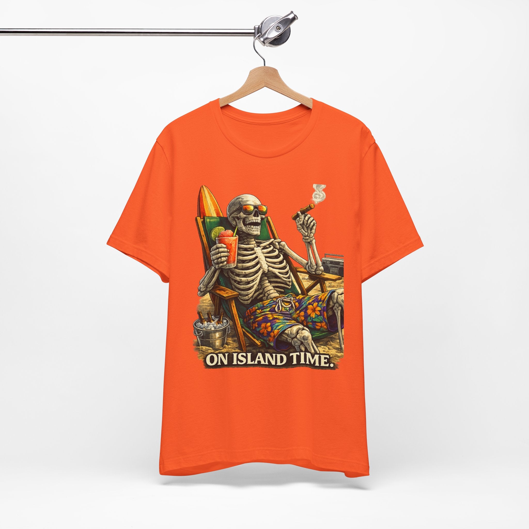 Skeleton Beach Tee — "On Island Time" Tropical Skull Vacation T-Shirt