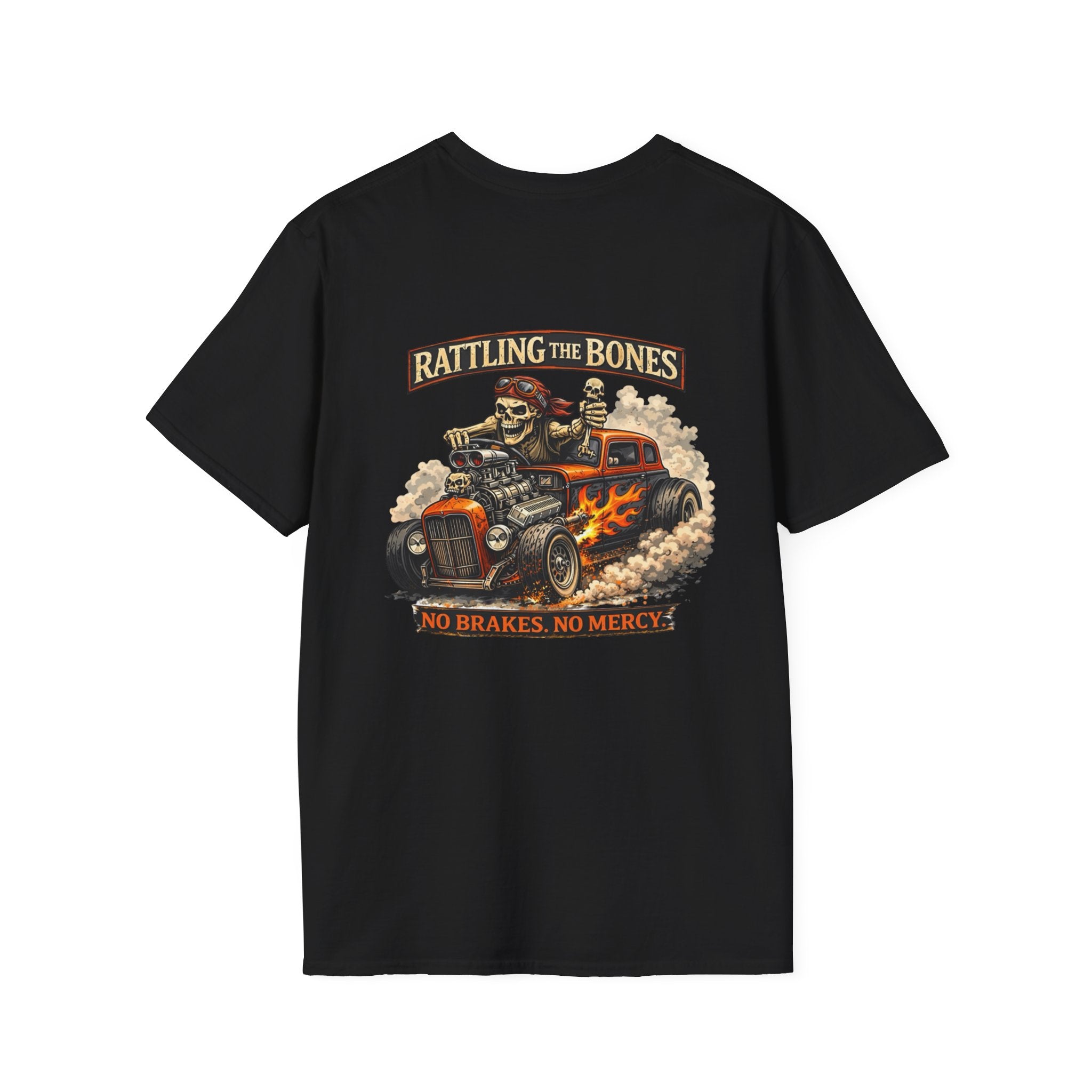 Rattling the Bones Hot Rod T-Shirt — "No Brakes, No Mercy" Skull Car Graphic Tee