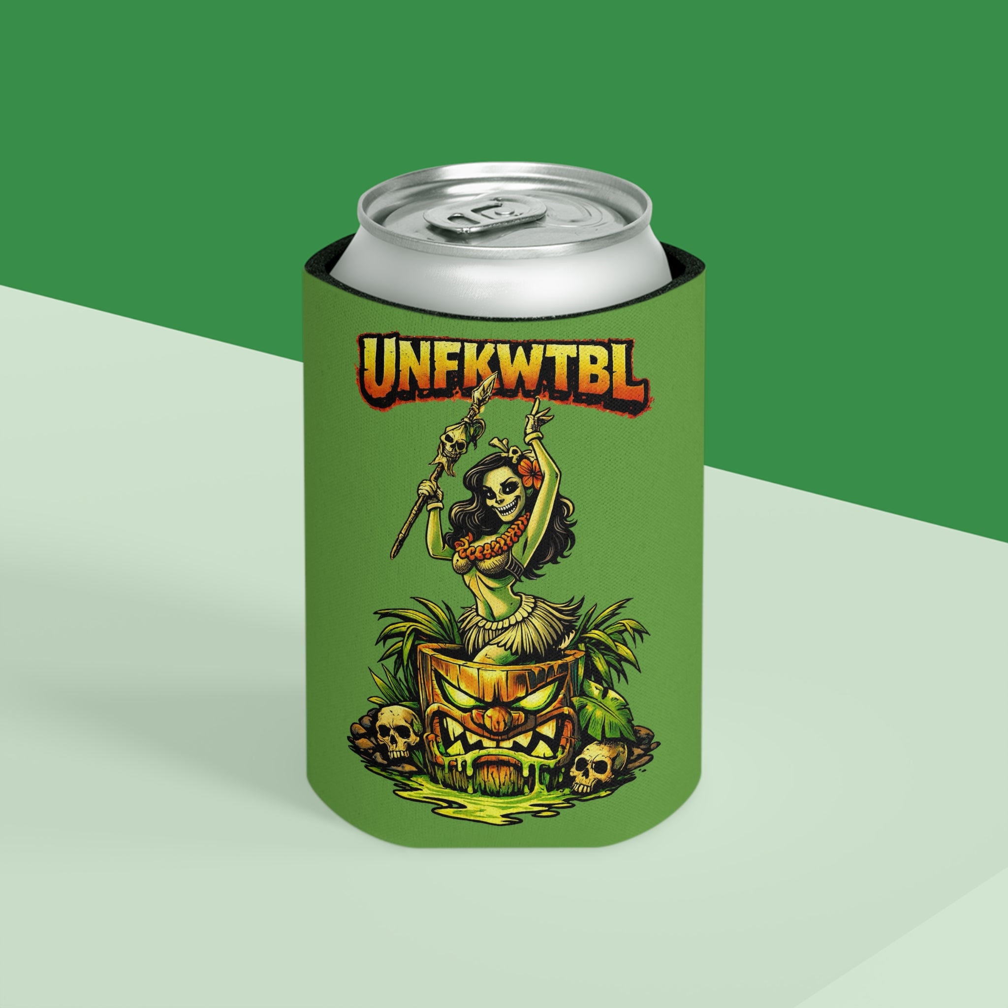 Can Cooler — "Stay Cold. Remain UNFKWTBL" Tropical Skull Beer Koozie