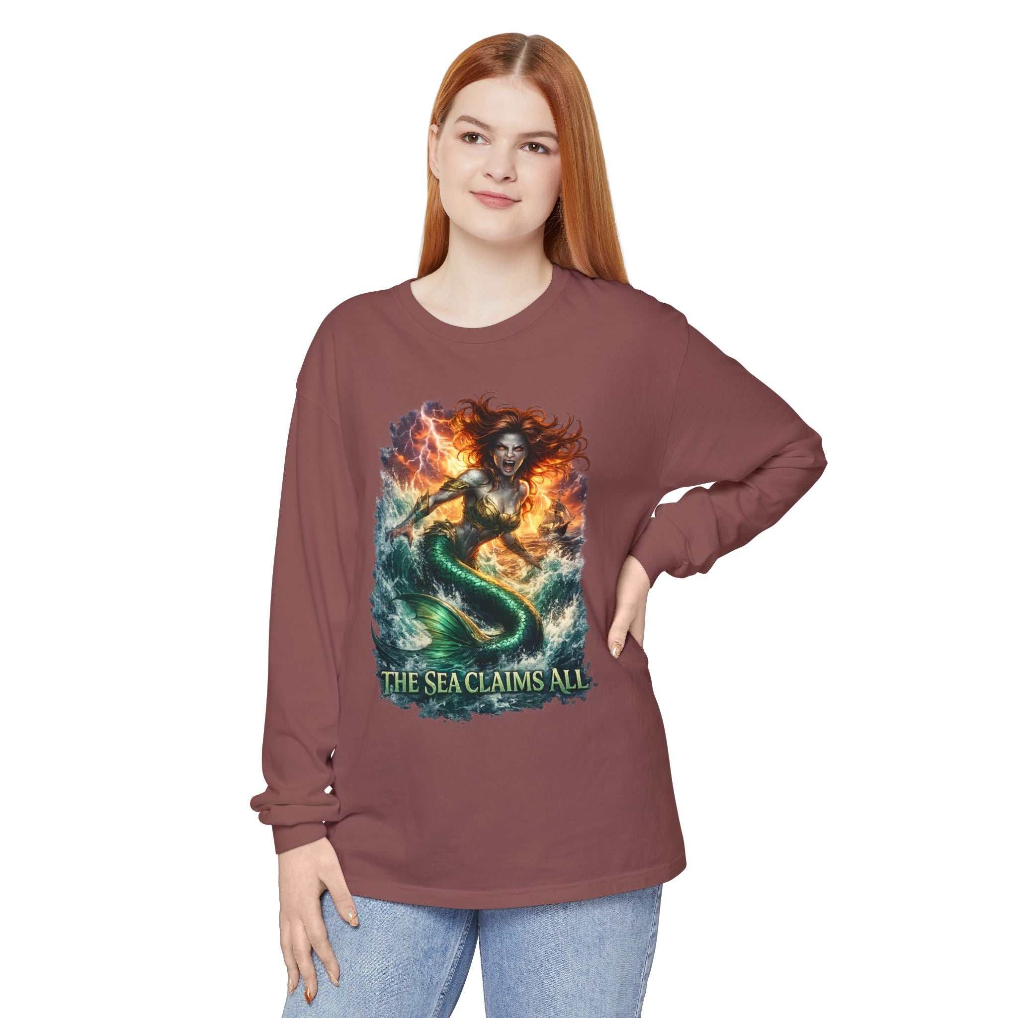 Mermaid Graphic Long Sleeve Tee — "The Sea Claims All" Nautical Fantasy Shirt