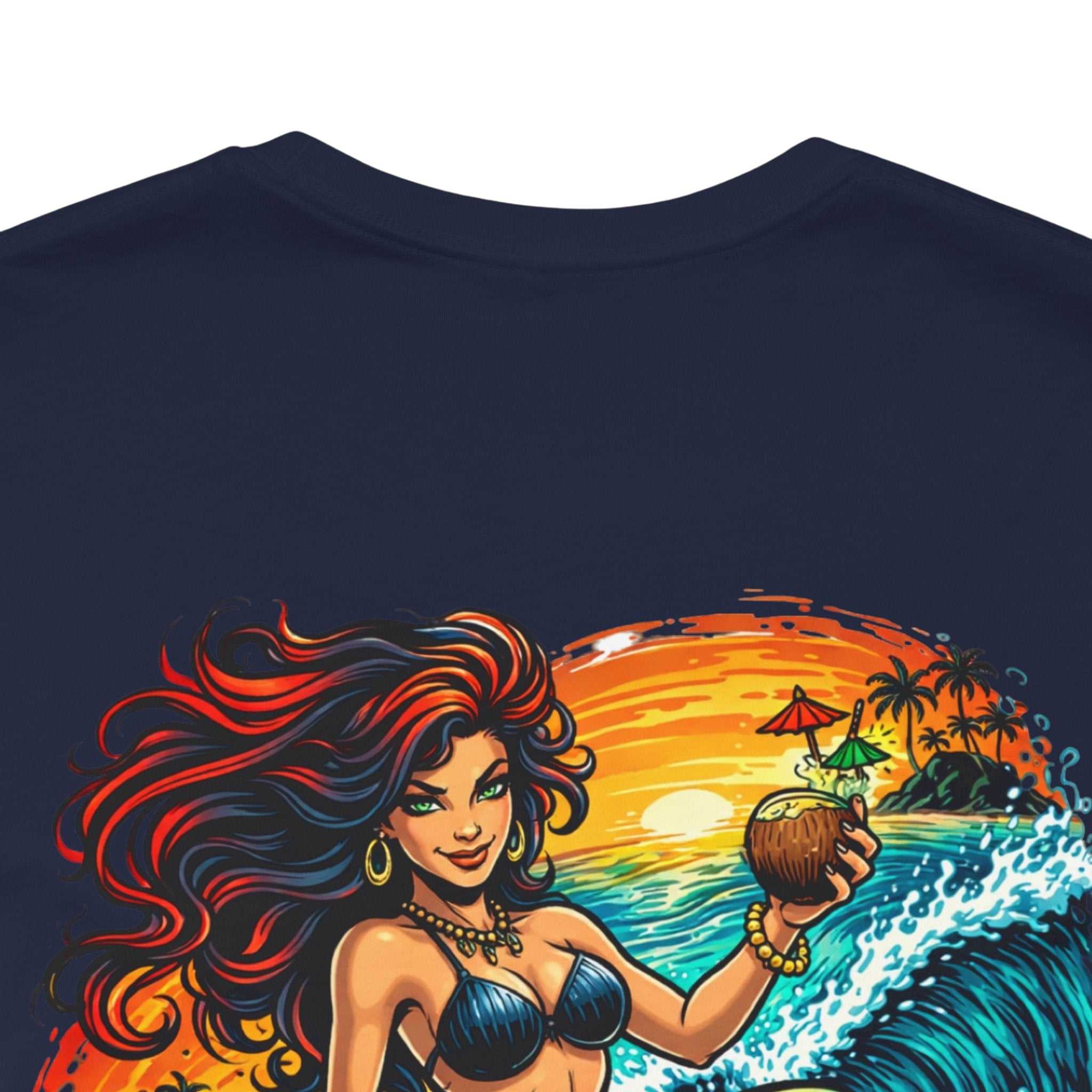 Vibrant Mermaid Surfer T-Shirt with retro beach surf graphic and breathable cotton design